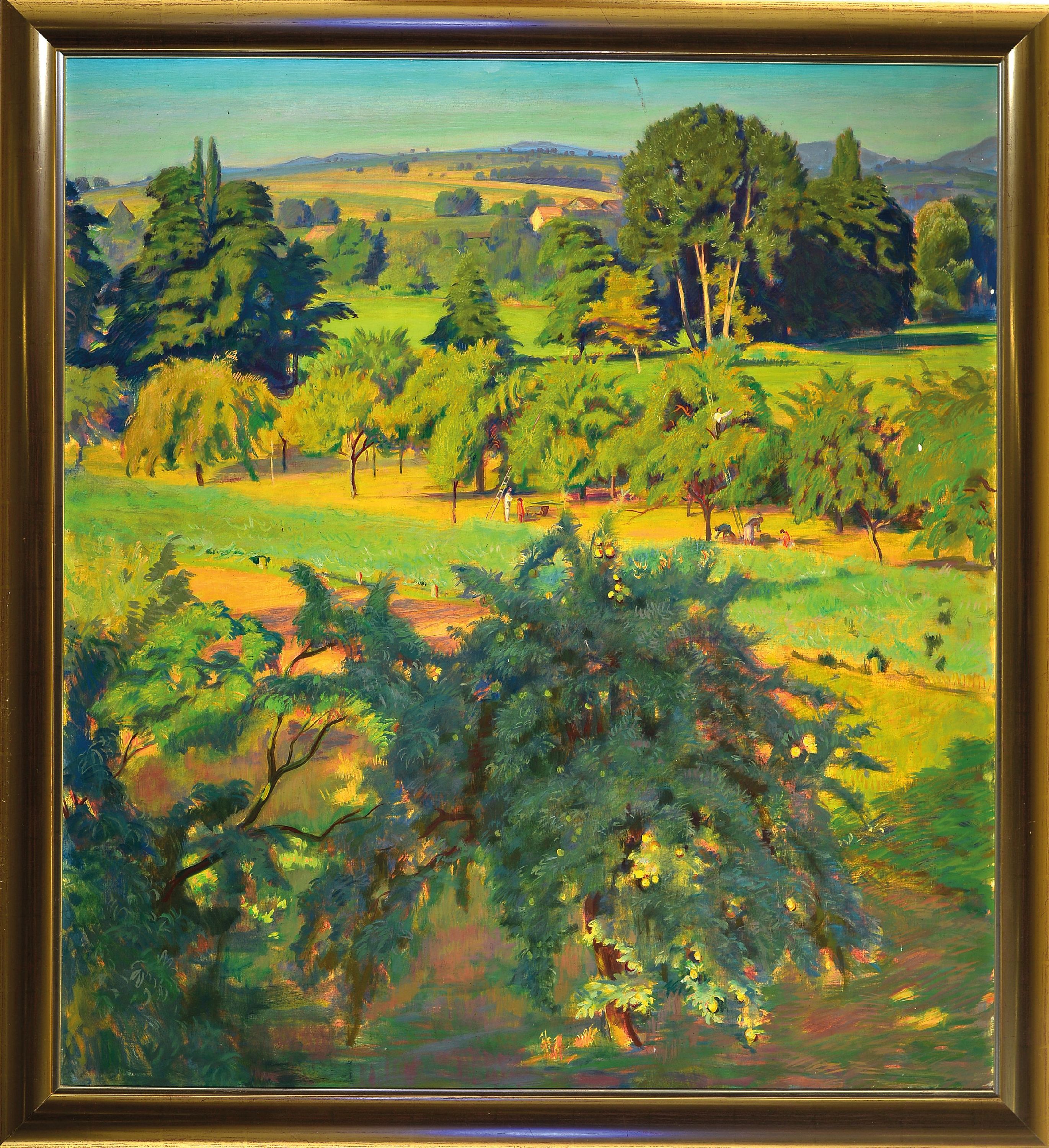Detail k: Hermann Croissant, 1897-1963 Landau, Blick aus dem Atelierfenster, vordergründiger Apfelbaum im Spiel von Licht und Schatten, mittelgründig belebte ...