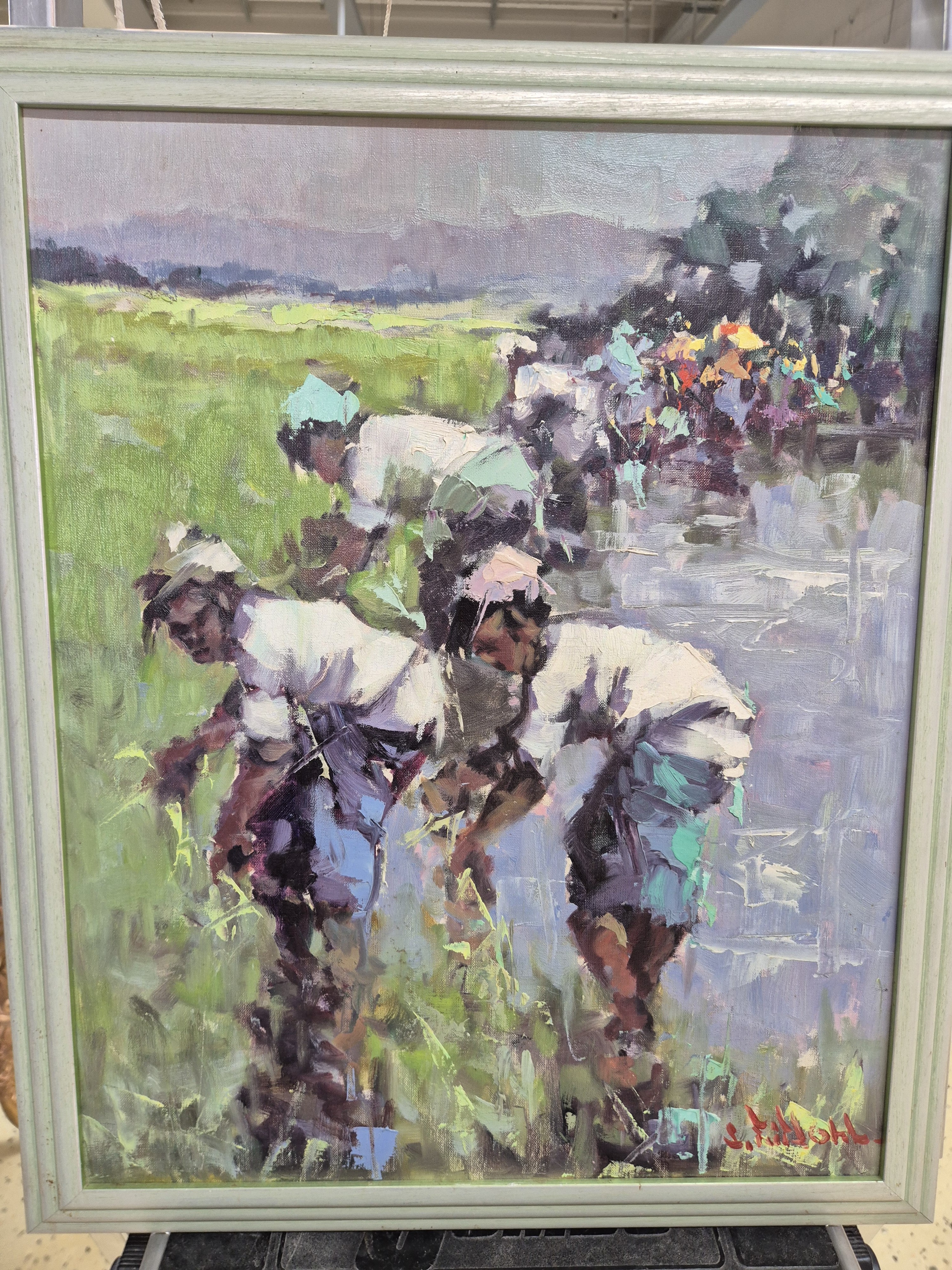 Detail b: Frits Lucien Ohl, 1904 Palembang/Indonesien- 1976 Den Haag, indonesische Bauern beim Reispflücken, Öl/Lwd, rechts unten signiert, ca. 50x40cm, R. ...