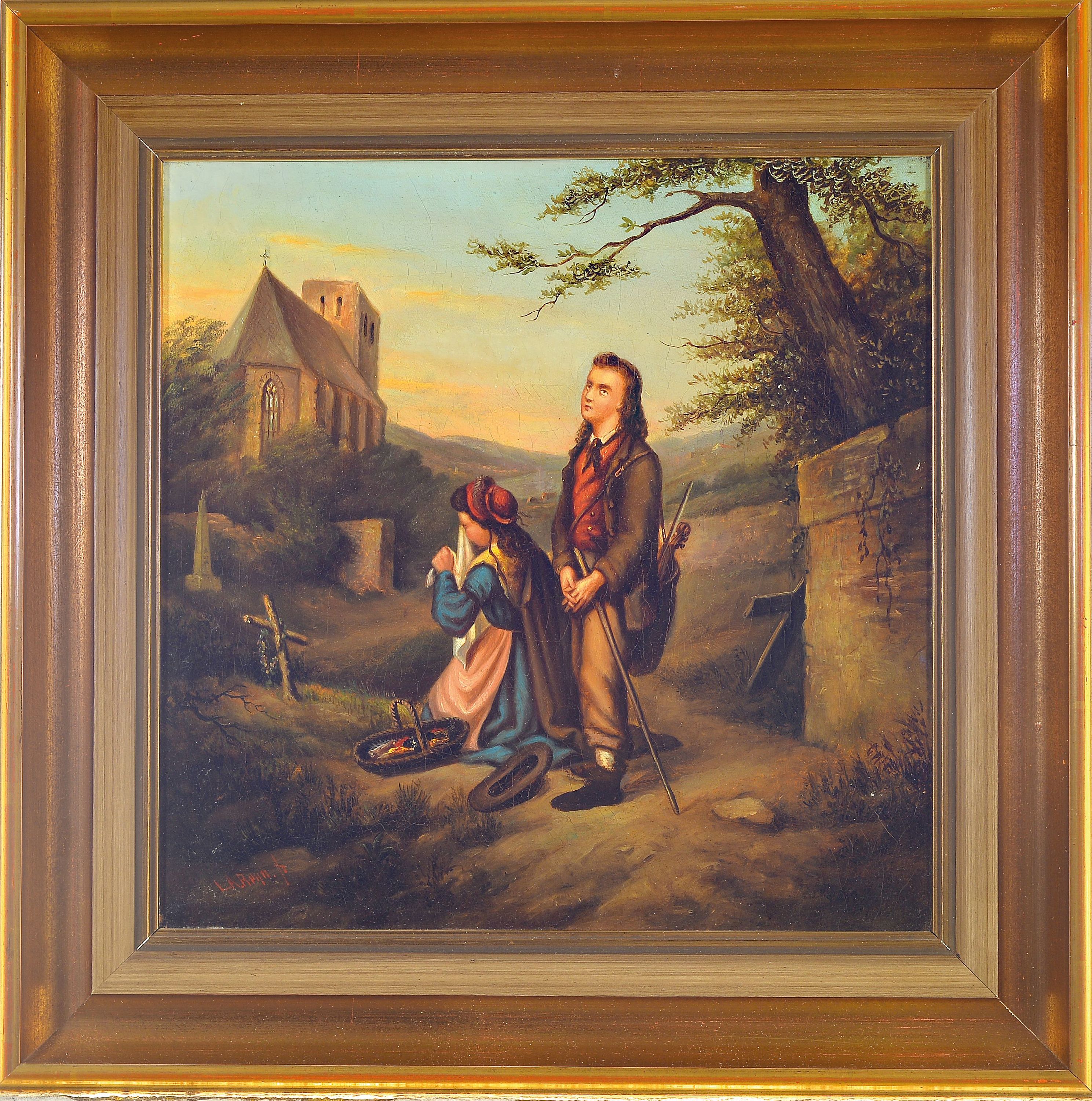 Detail k: L.A. Reyn, Maler der 1. Hälfte des 19. Jh., Junges Paar vor einem Grab, im Hintergrund eine Kirche, Öl/Lwd, altersbedingt krakeliert, links unten ...