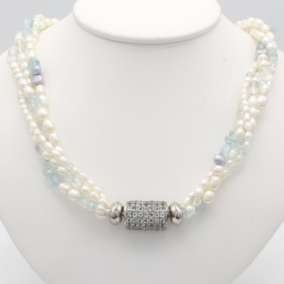 27047031b - Wechselschließe mit Aquamarinen an 4-reihiger Süßwasserperlen/Aquamarinkette, 925er ...