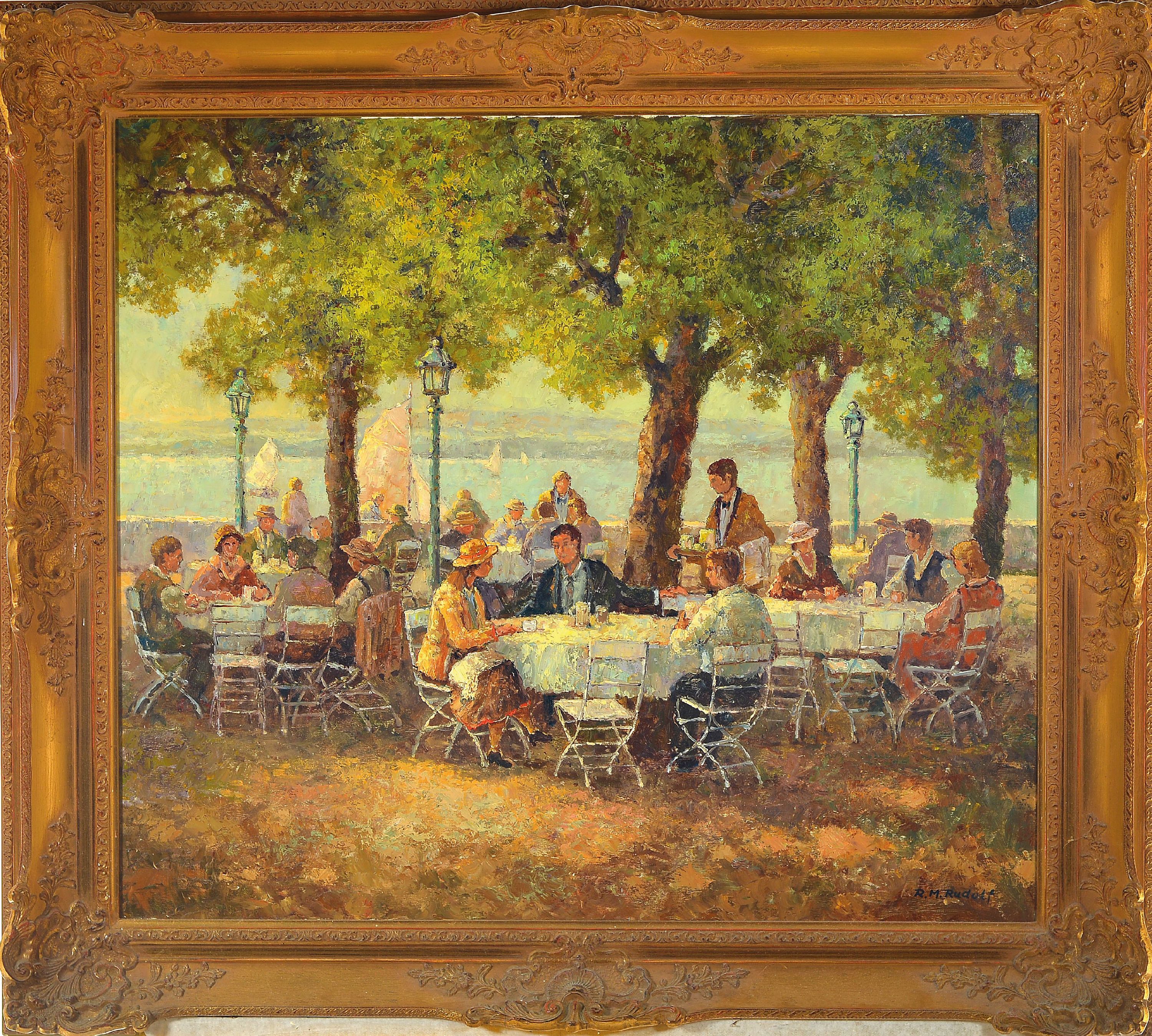 Detail k: Rainer Maximilian Rudolf, geb. 1931, Belebter Biergarten am Seeufer, Öl/Lwd, rechts unten signiert, ca. 70x80 cm, R. ca. 86x96 cm