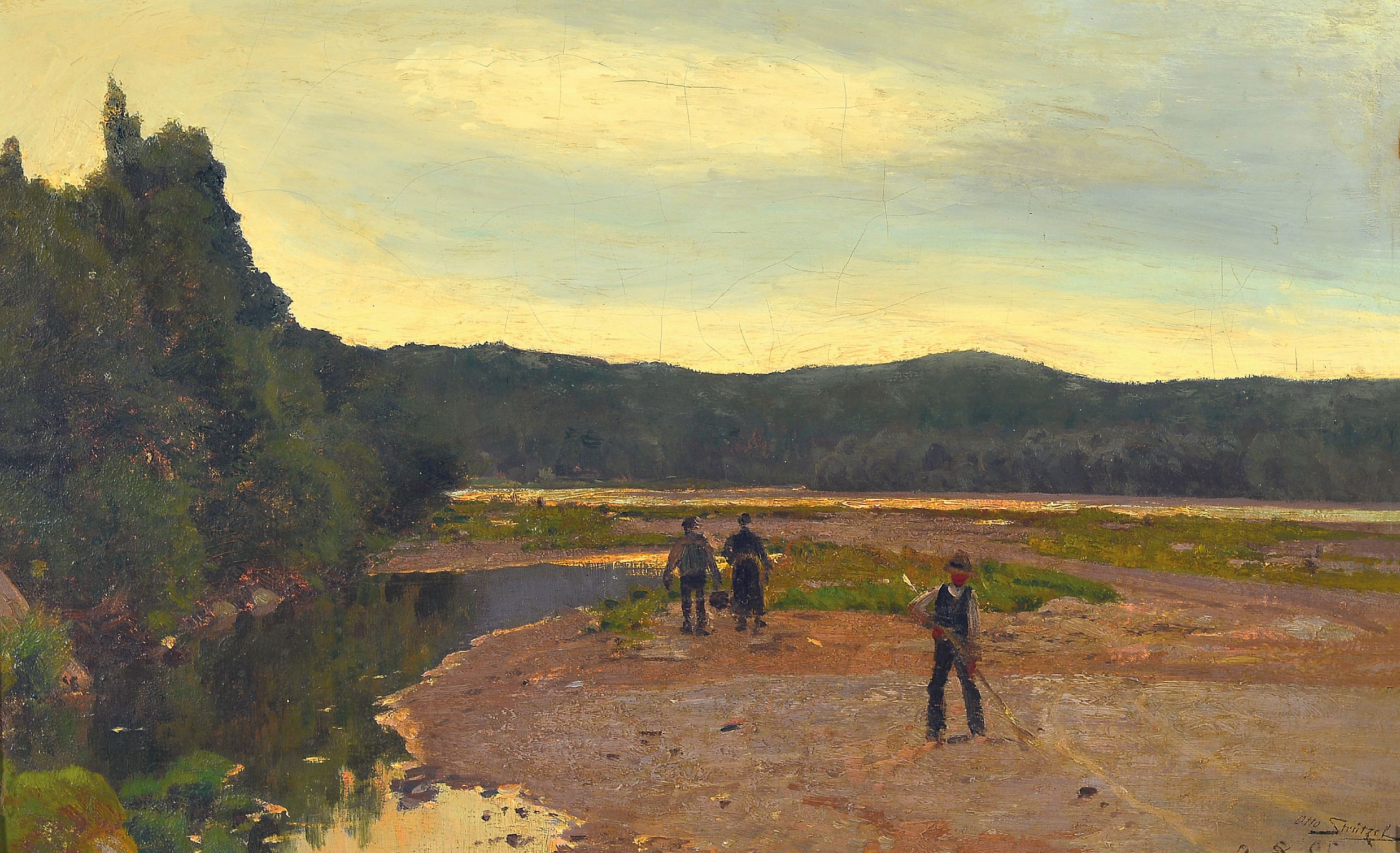 Image 27047167 - Otto Strützel, 1855 Dessau-1930 München, ´An der Isar´, Uferlandschaft mit drei ...