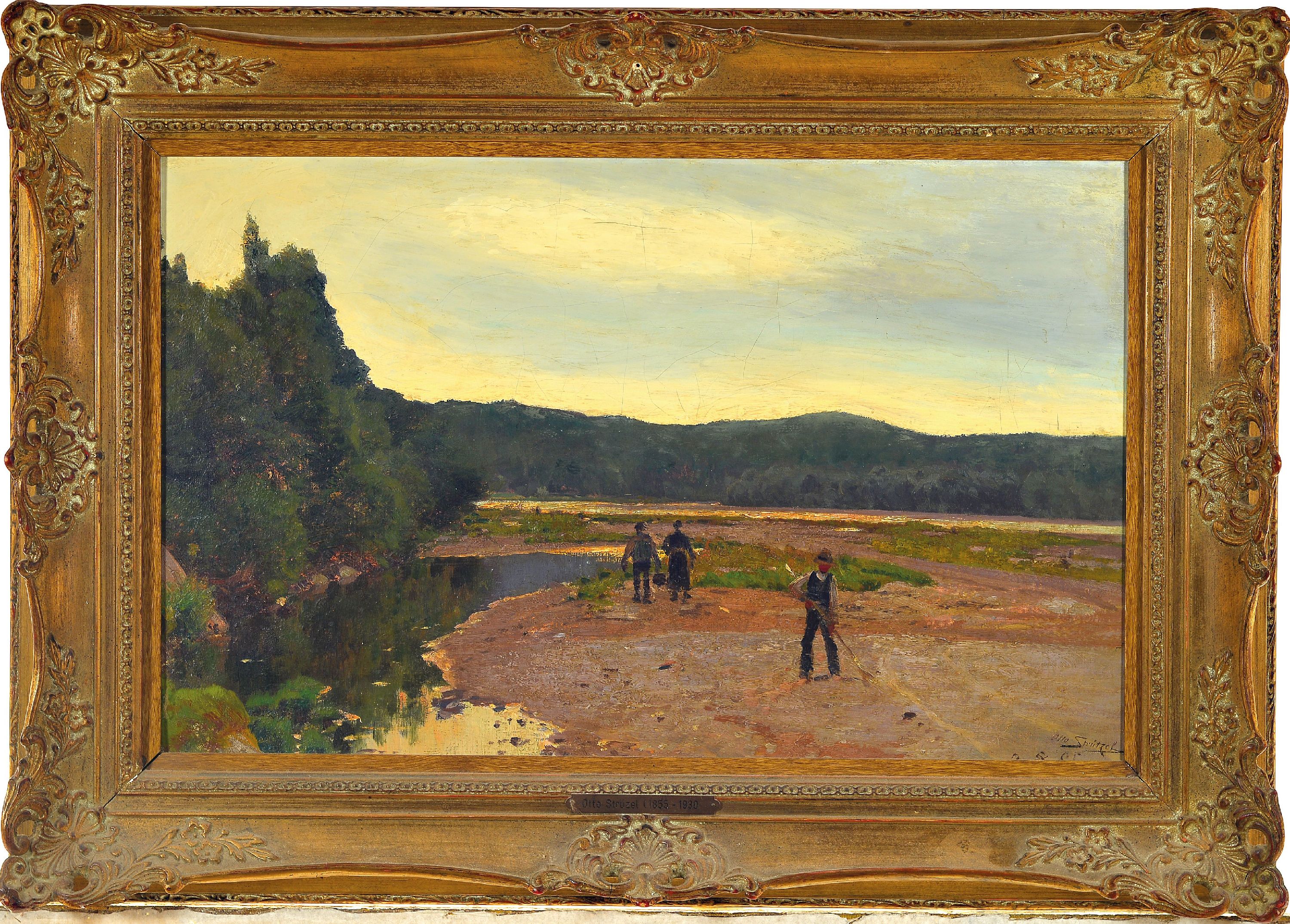 Detail k: Otto Strützel, 1855 Dessau-1930 München, "An der Isar", Uferlandschaft mit drei Figuren im Abendlicht, rechts unten signiert und datiert, ...