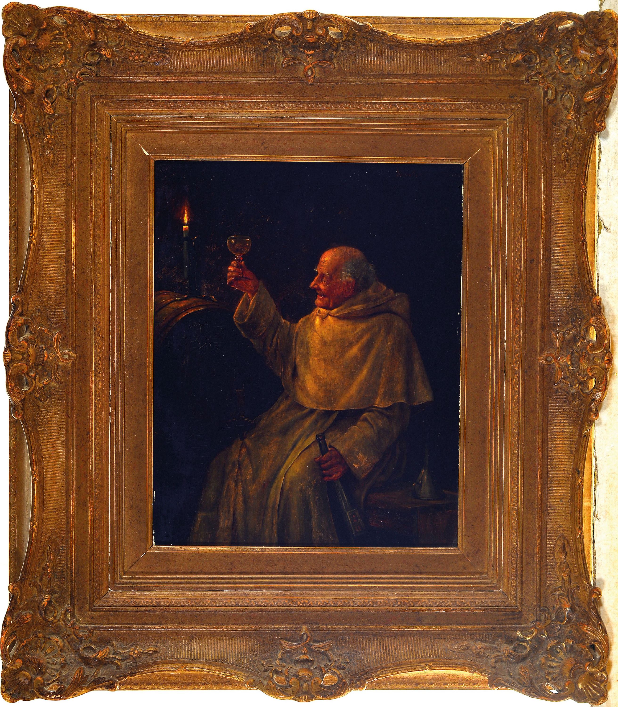 Detail k: Max Scholz, 1855-1906 München, der Connaisseur, Mönch bei der Weinprobe im Keller, rechts oben signiert, Öl/Holz, 33x26 cm, verso Etikett der ...