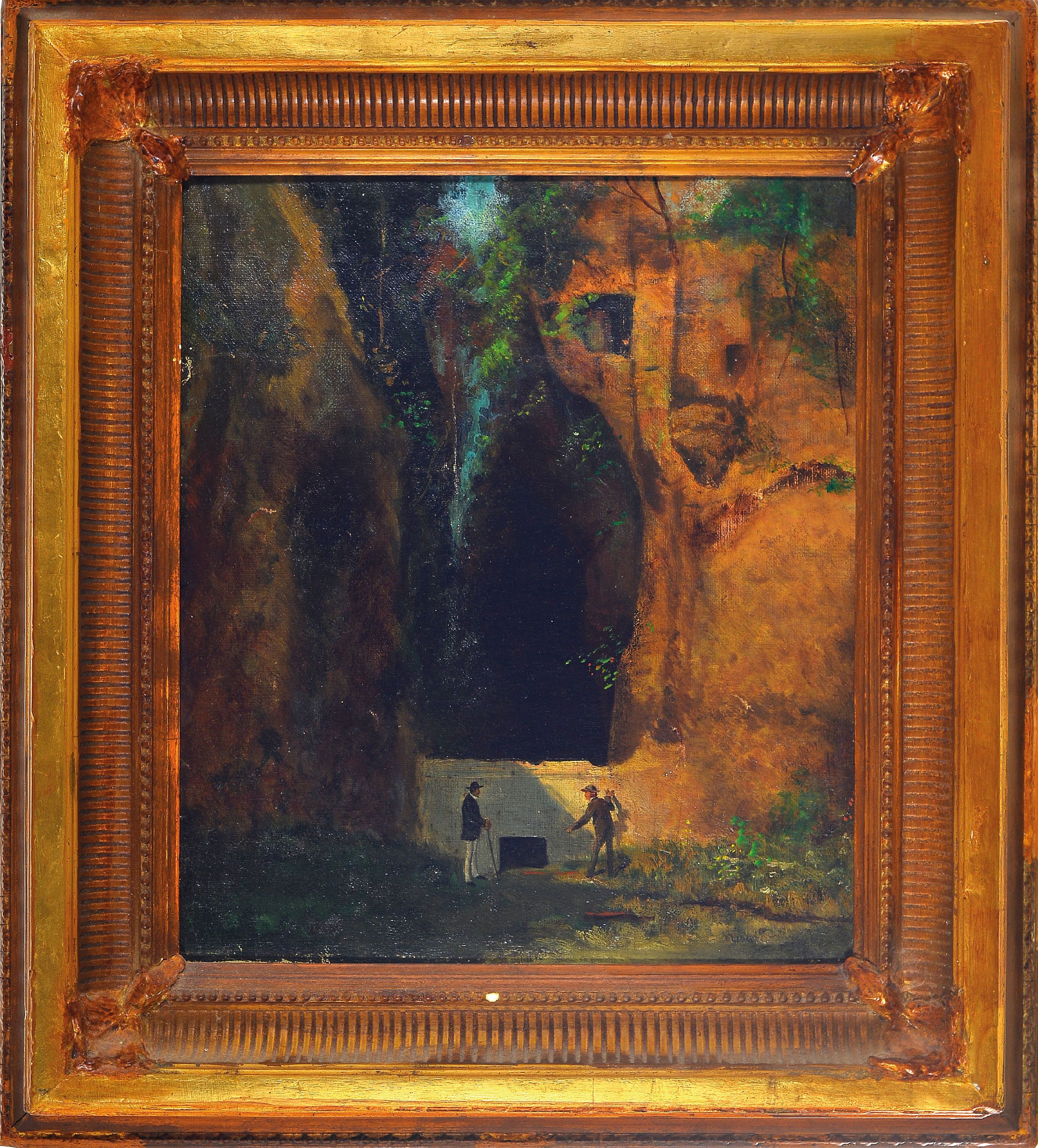 Detail k: Unbekannter Künstler im Stile Carl Spitzwegs , zwei Wanderer vor einem Höhleneingang, unsigniert, 37x32 cm, restauriert, Rahmen rest., 52x47 cm