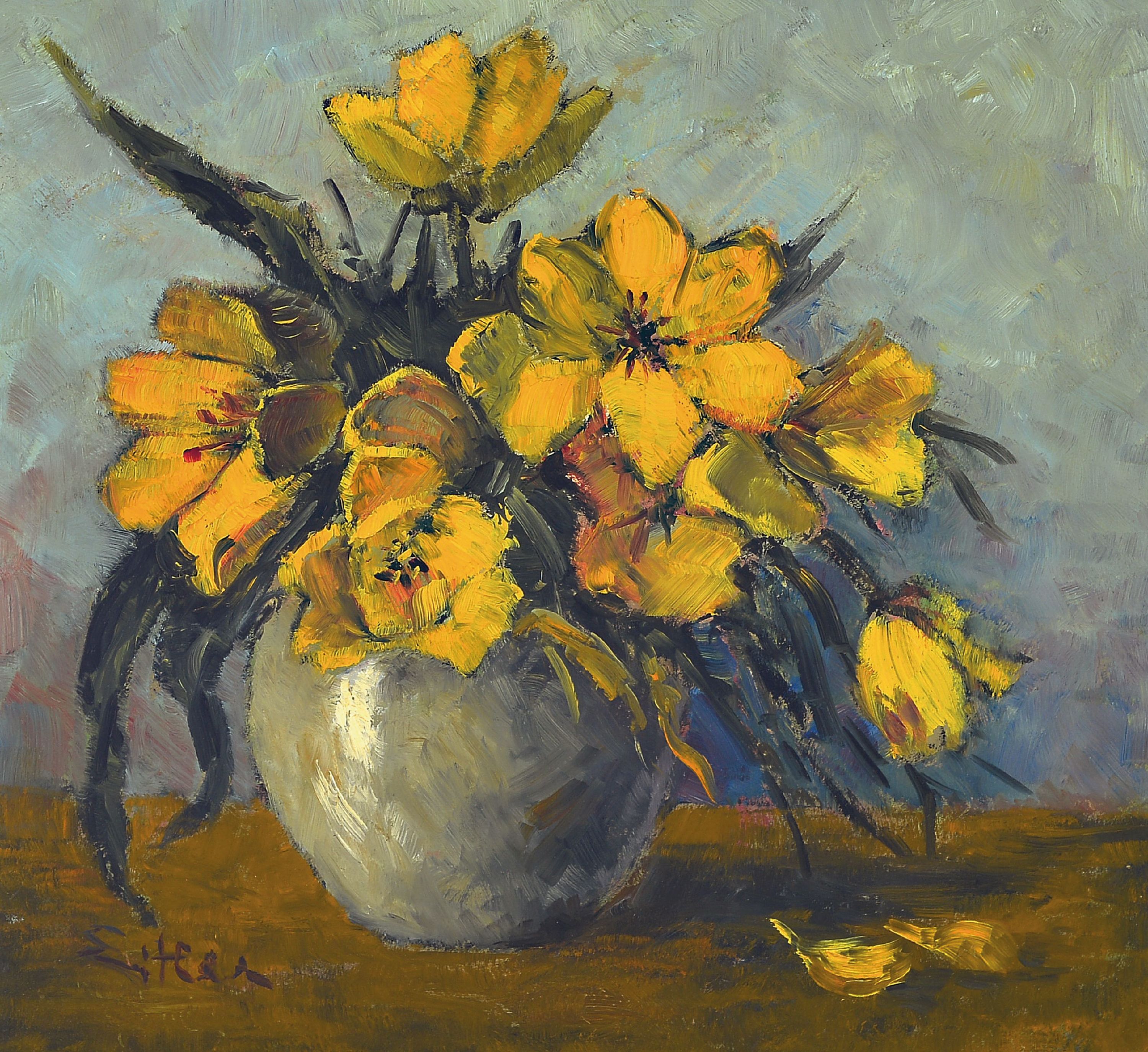 Image 27047182 - Artur Eitler, 1914 Bozen-2014, Stillleben mit gelben Tulpen, links unten signiert, ...