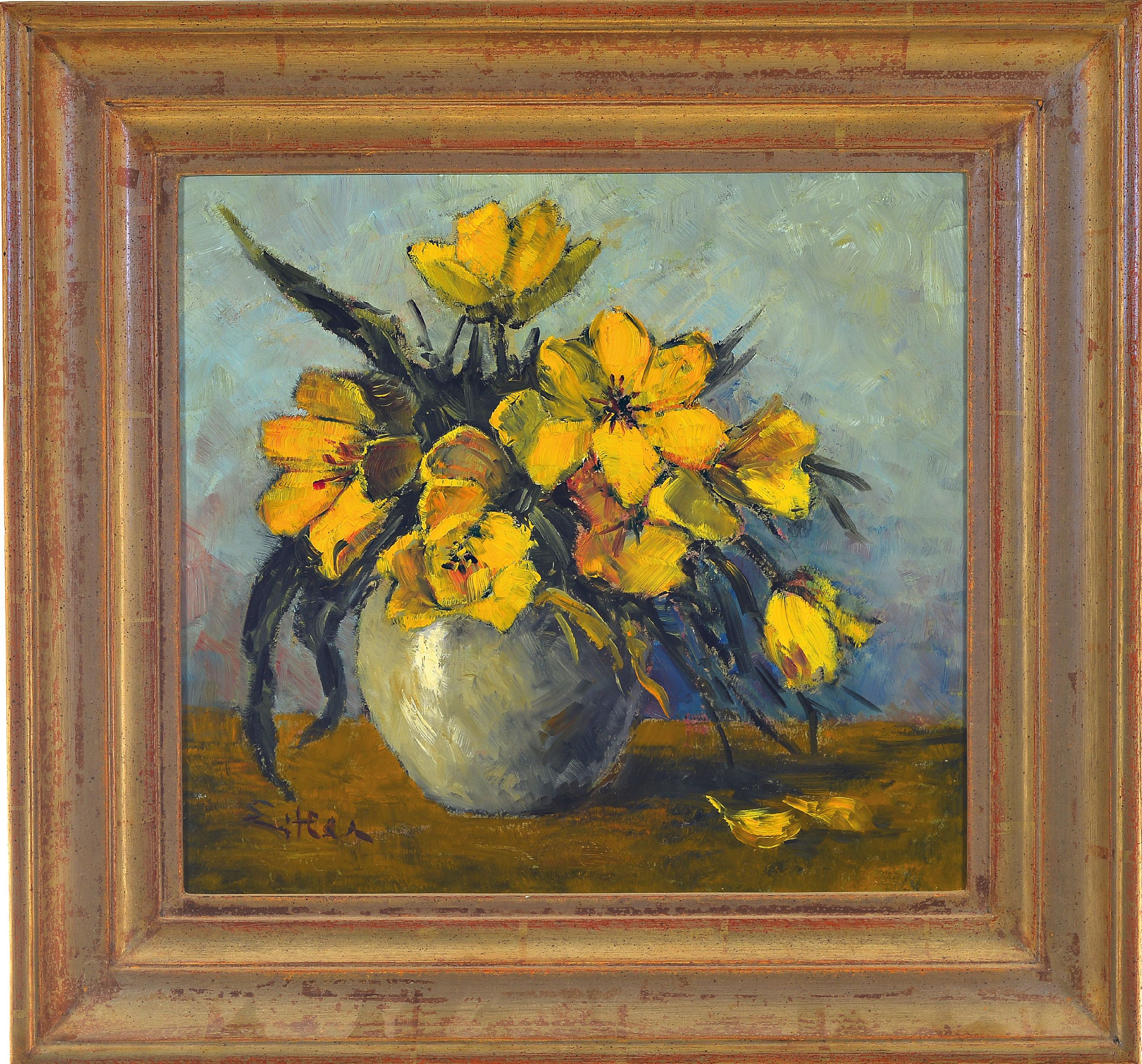 Detail k: Artur Eitler, 1914 Bozen-2014, Stillleben mit gelben Tulpen, links unten signiert, Öl/Platte, 33x36 cm, Rahmen 45x49 cm