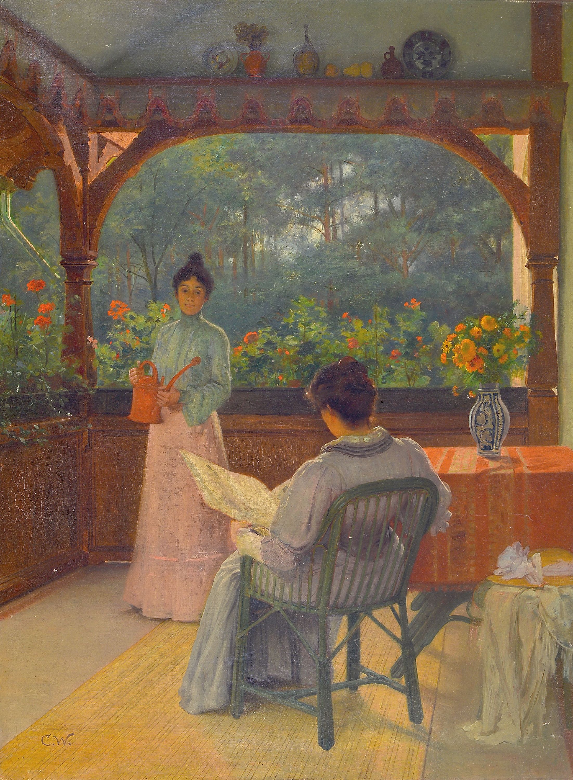 Image 27047186 - Carl Wendling, 1851 Weilburg-1914 Berlin, ´Auf dem Balkon´, zwei Frauen in einer Laube ...