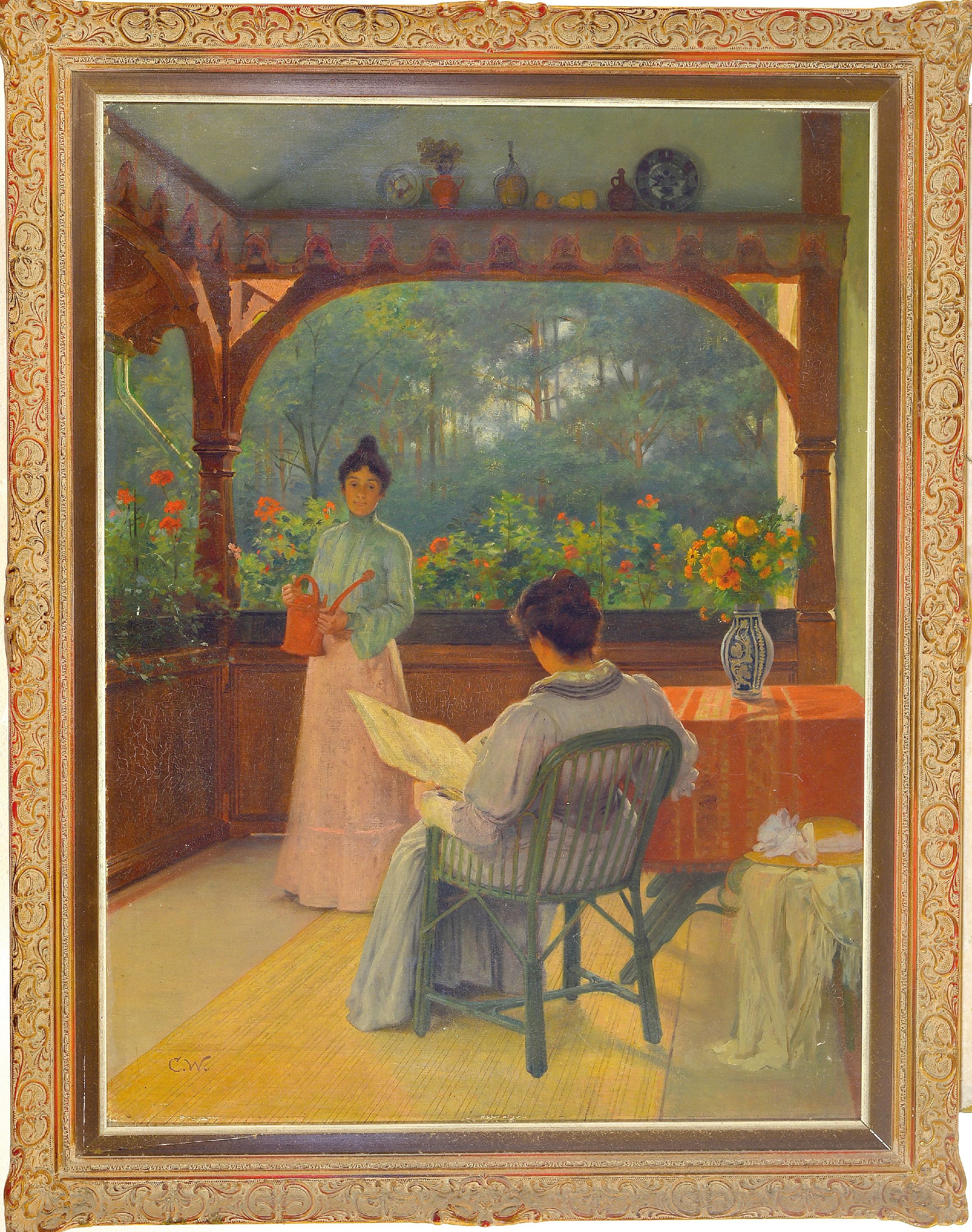 Detail k: Carl Wendling, 1851 Weilburg-1914 Berlin, "Auf dem Balkon", zwei Frauen in einer Laube beim Zeitunglesen und Gärtnern, links unten ...