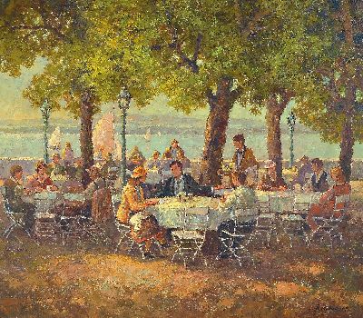 Image Rainer Maximilian Rudolf, geb. 1931, Belebter Biergarten am Seeufer, Öl/Lwd, rechts ...