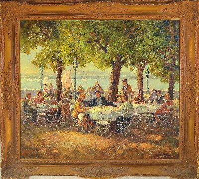 27047106k - Rainer Maximilian Rudolf, geb. 1931, Belebter Biergarten am Seeufer, Öl/Lwd, rechts ...