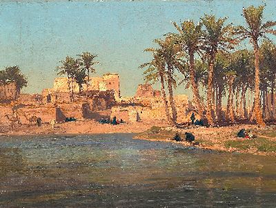 Image Georg Macco, 1863 Aachen-1933 Genua, ´Fellachen Dorf bei Kairo´ so verso auf altem ...