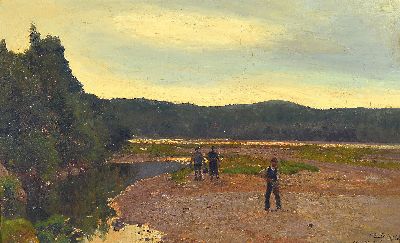 Image Otto Strützel, 1855 Dessau-1930 München, ´An der Isar´, Uferlandschaft mit drei ...