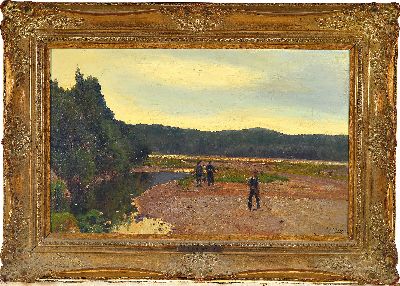 27047167k - Otto Strützel, 1855 Dessau-1930 München, ´An der Isar´, Uferlandschaft mit drei ...