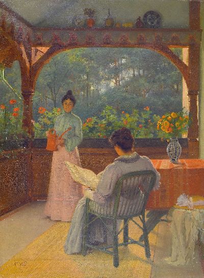 Image Carl Wendling, 1851 Weilburg-1914 Berlin, ´Auf dem Balkon´, zwei Frauen in einer Laube ...