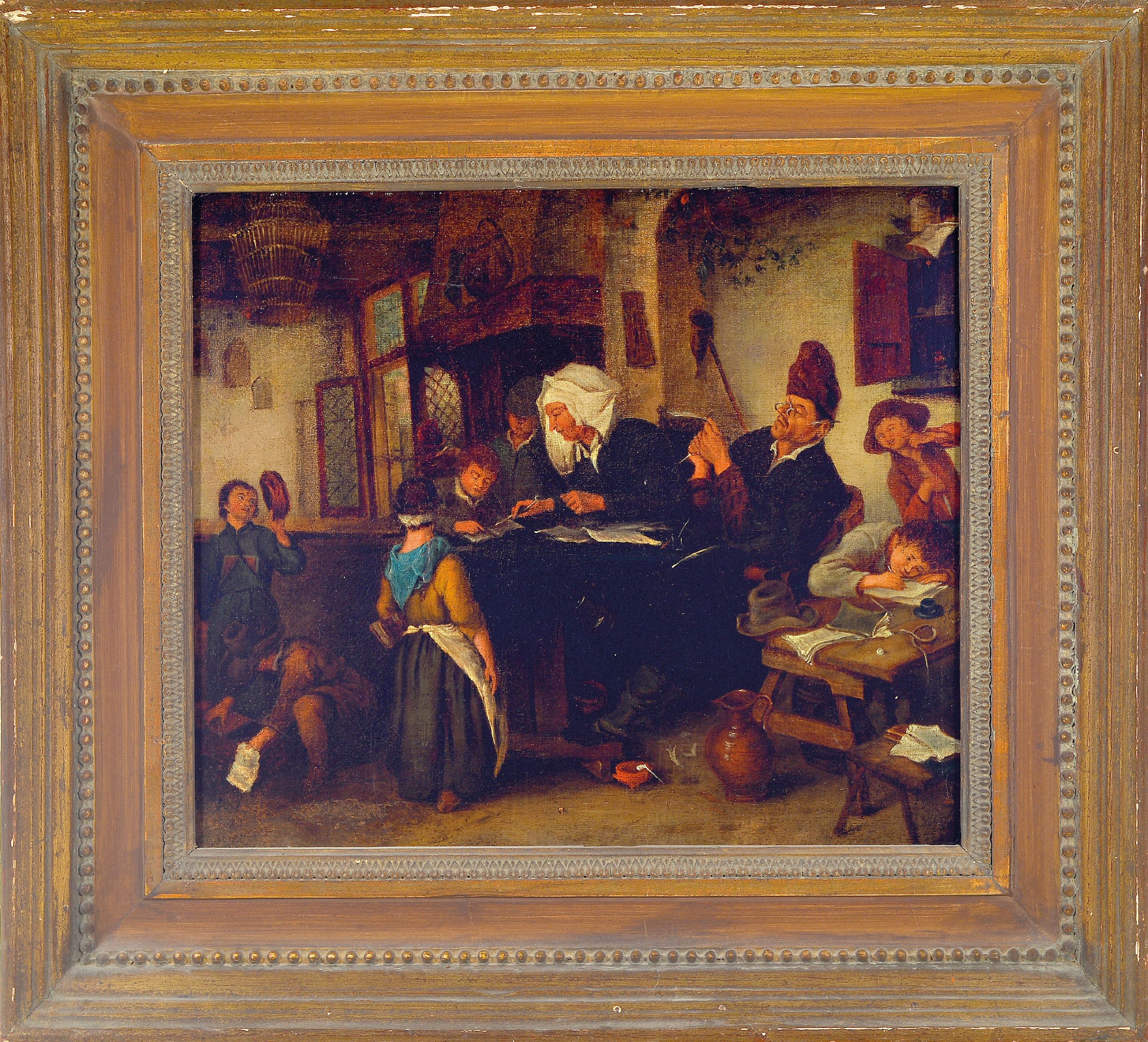 Detail k: Kopist nach Jan Steen (1626-1679): Die Dorfschule, Malerei des 19.Jh., vielfigurige Darstellung einer gemischten Dorfschule (nach dem Original aus ...