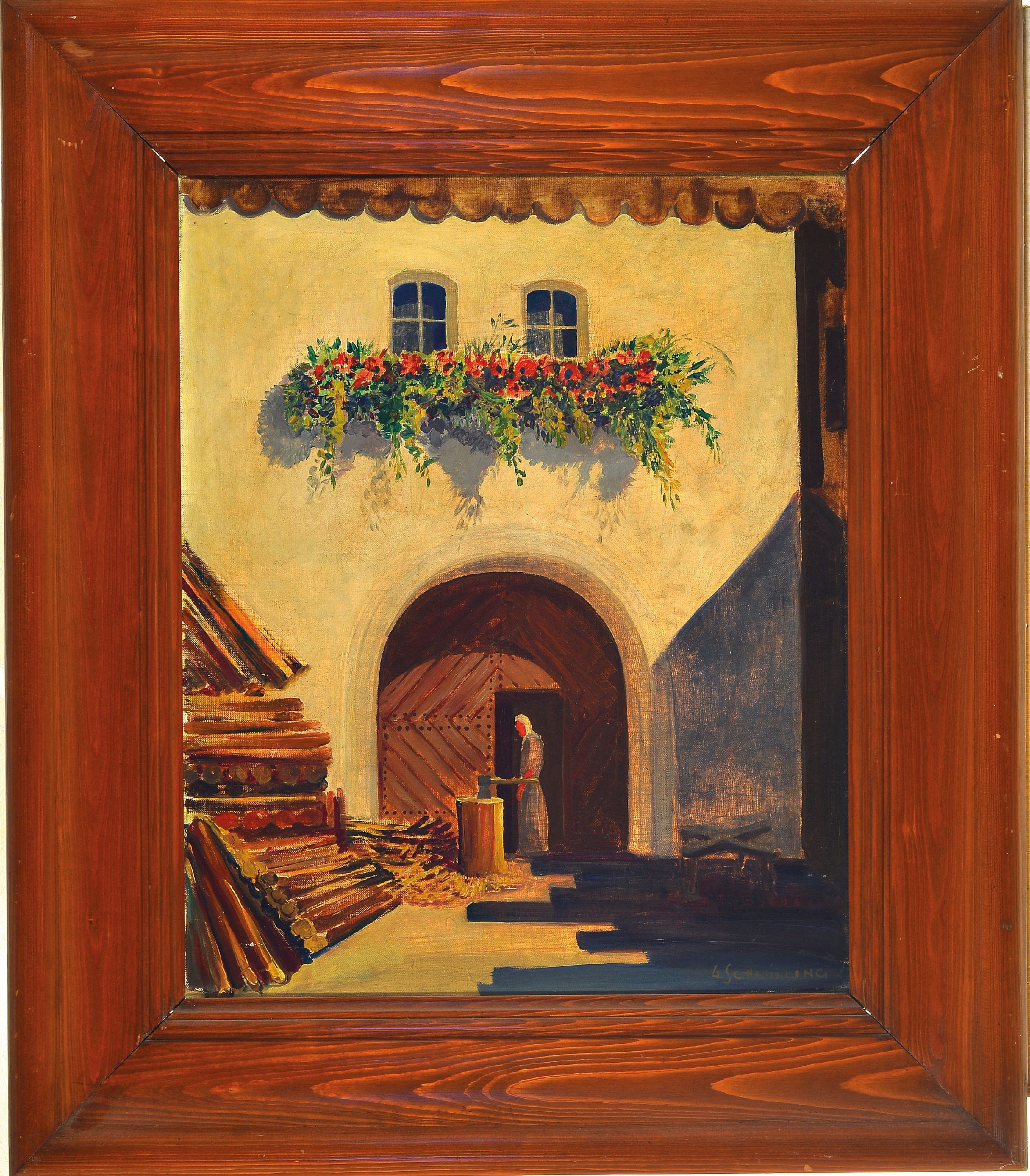 Detail k: G. Schwilling, Künstler des 19./20.Jh., Blick in einen Hof, Hackklotz vor sonnenbeschienener Fassade mit Toreinfahrt, rechts unten signiert, ...