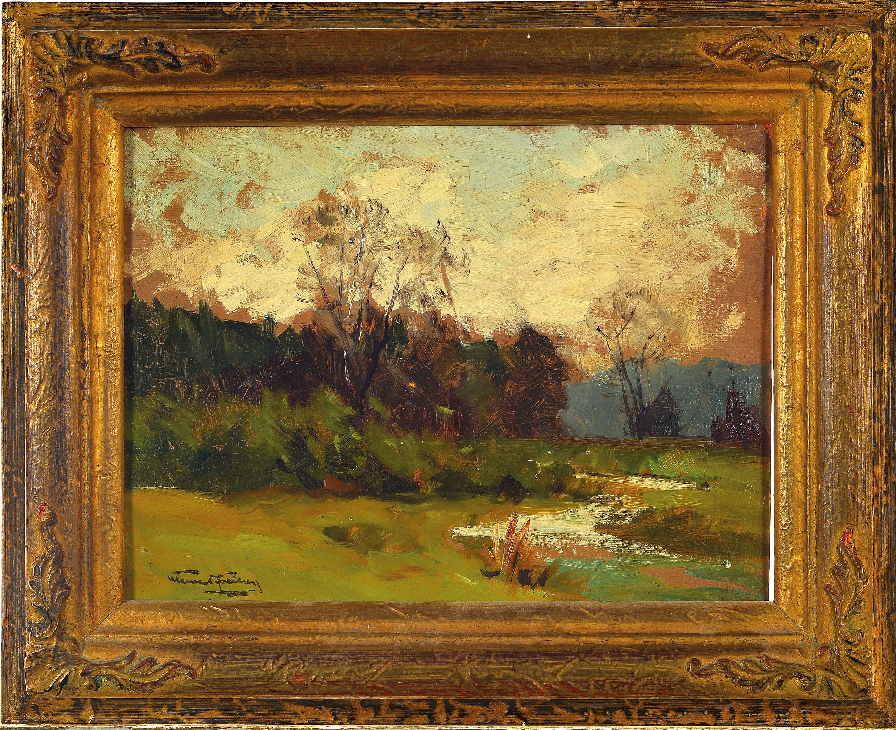 Detail k: Clemens Freitag, 1883 Heisingen-1969 München , bayerische Landschaftsstudie, links unten signiert, Öl/Malkarton, 26x35 cm, Rahmen 39x47cm