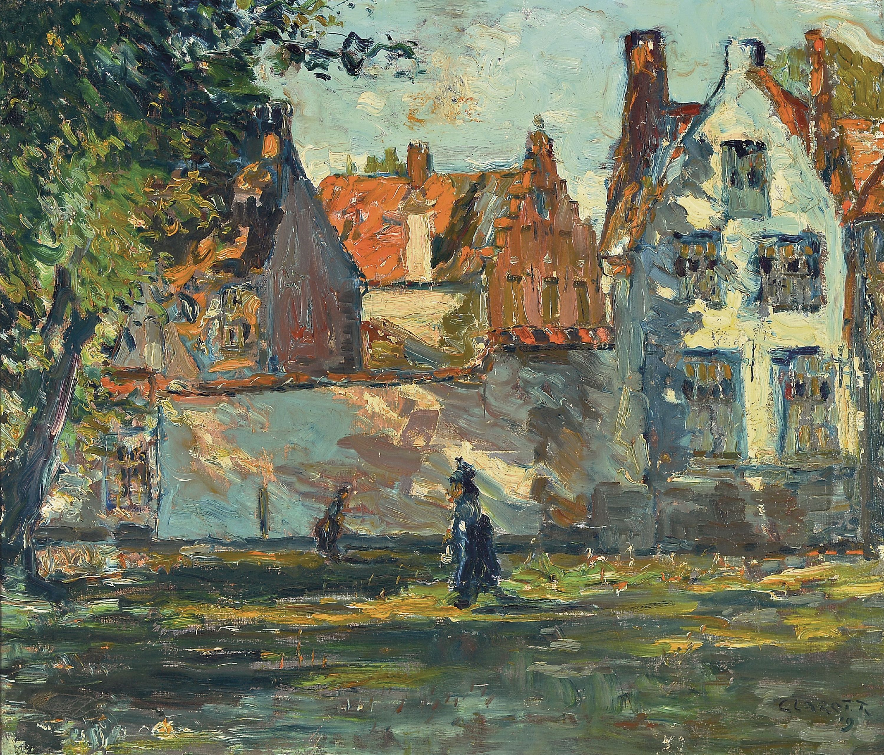 Image 27047261 - René Clarot, 1882 Anderlecht-1972 Ixelles, Personen vor der Stadtmauer, Öl/Lwd, rechts ...