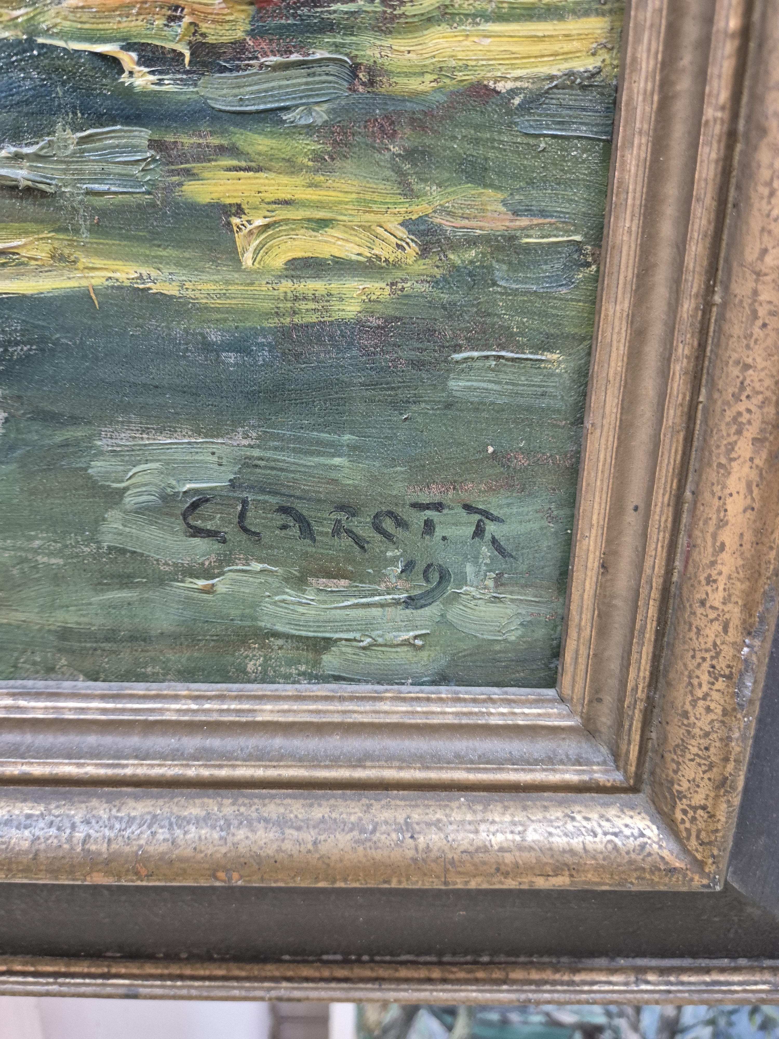 Detail b: René Clarot, 1882 Anderlecht-1972 Ixelles, Personen vor der Stadtmauer, Öl/Lwd, rechts unten signiert und dat. 19, expressionistische Malerei mit ...