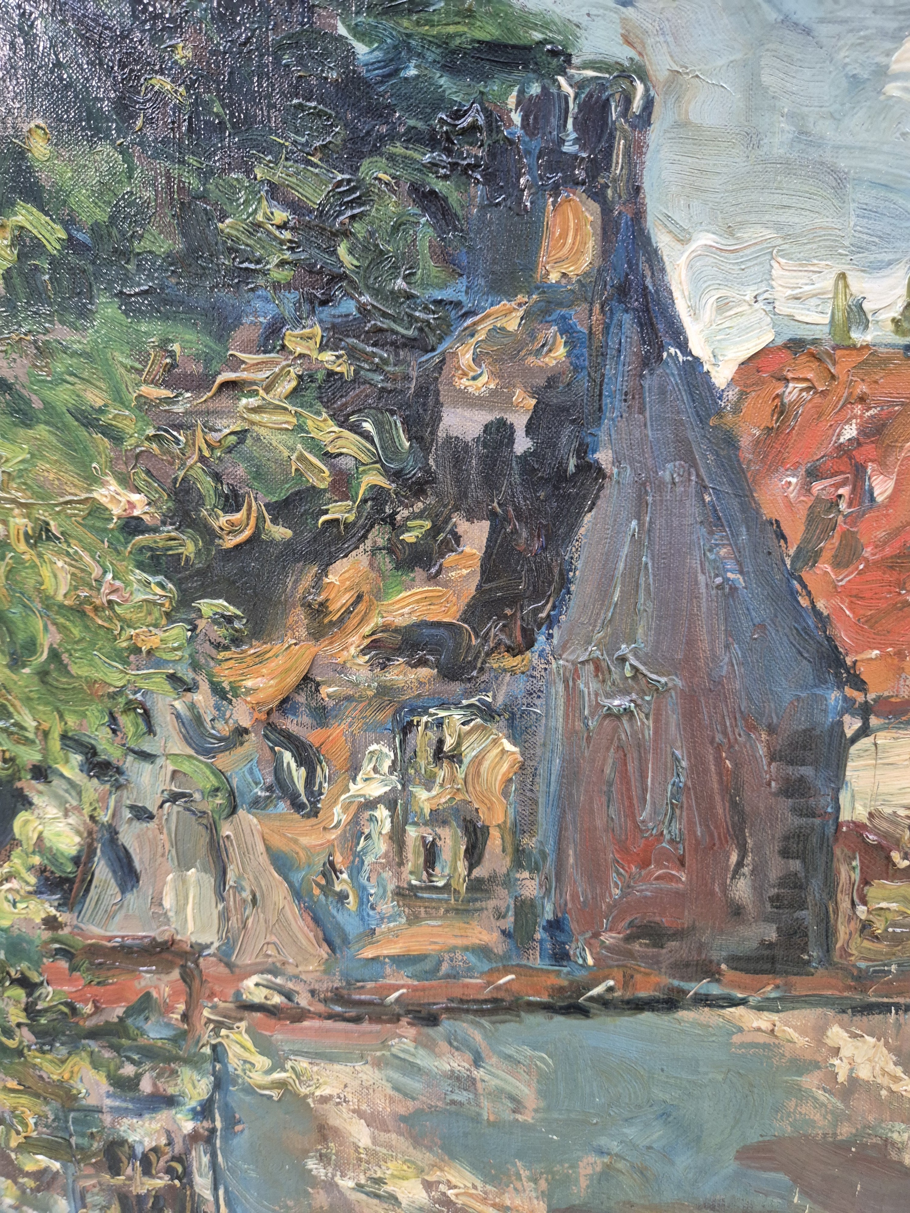 Detail c: René Clarot, 1882 Anderlecht-1972 Ixelles, Personen vor der Stadtmauer, Öl/Lwd, rechts unten signiert und dat. 19, expressionistische Malerei mit ...