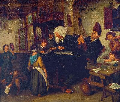 Image Kopist nach Jan Steen (1626-1679): Die Dorfschule, Malerei des 19.Jh., vielfigurige ...