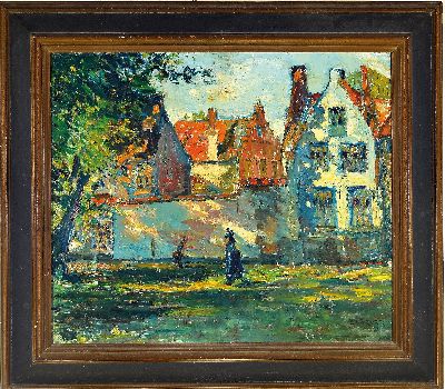 27047261k - René Clarot, 1882 Anderlecht-1972 Ixelles, Personen vor der Stadtmauer, Öl/Lwd, rechts ...