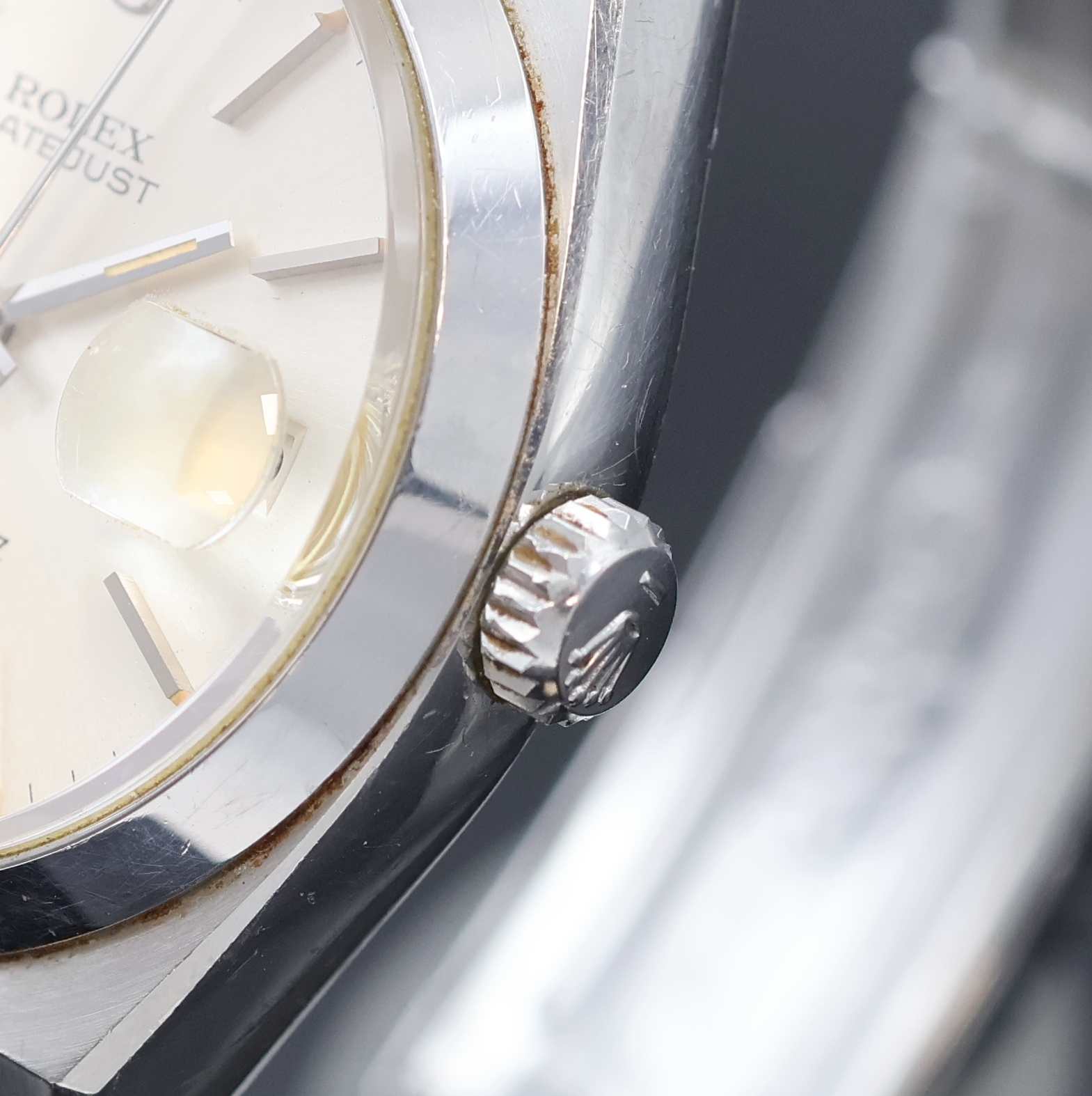 Detail c: ROLEX Datejust Oysterquartz Herrenarmbanduhr in Stahl Referenz 17000, Schweiz um 1978, unpoliertes Gehäuse am orig. Gliederband m. Faltschl., Boden ...