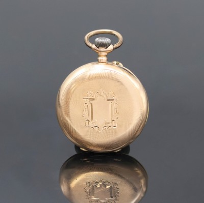 27047609a - Offene Damentaschenuhr in RG 585/000, Schweiz um 1910, Geh. dell., guill. Rückdeckel m. ...