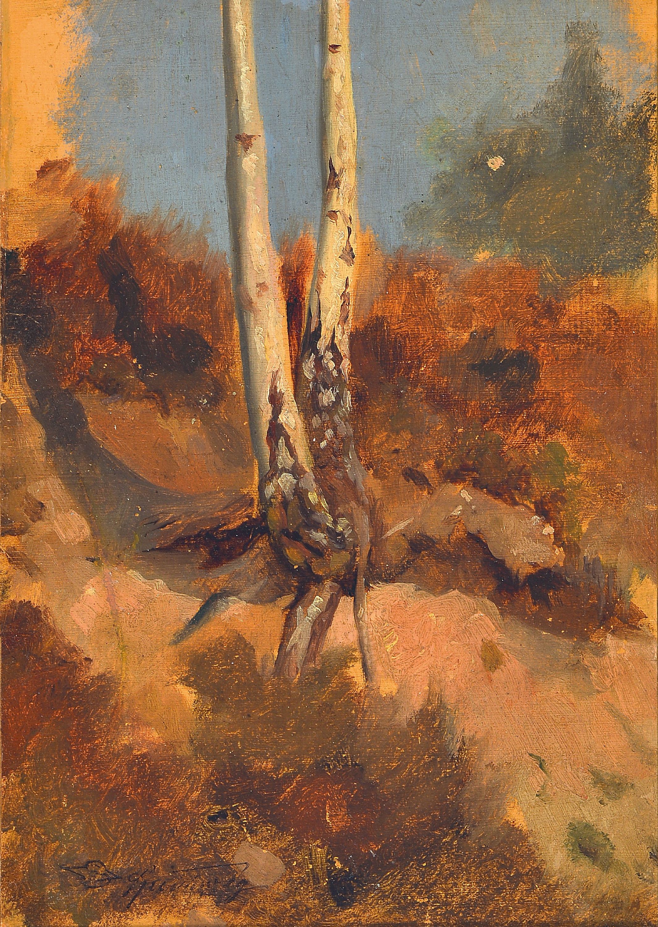 Image 27047891 - Carl Spitzweg, 1808-1885 München, ´Baumstudie´, Studie zweier Birken auf sandigem wohl ...