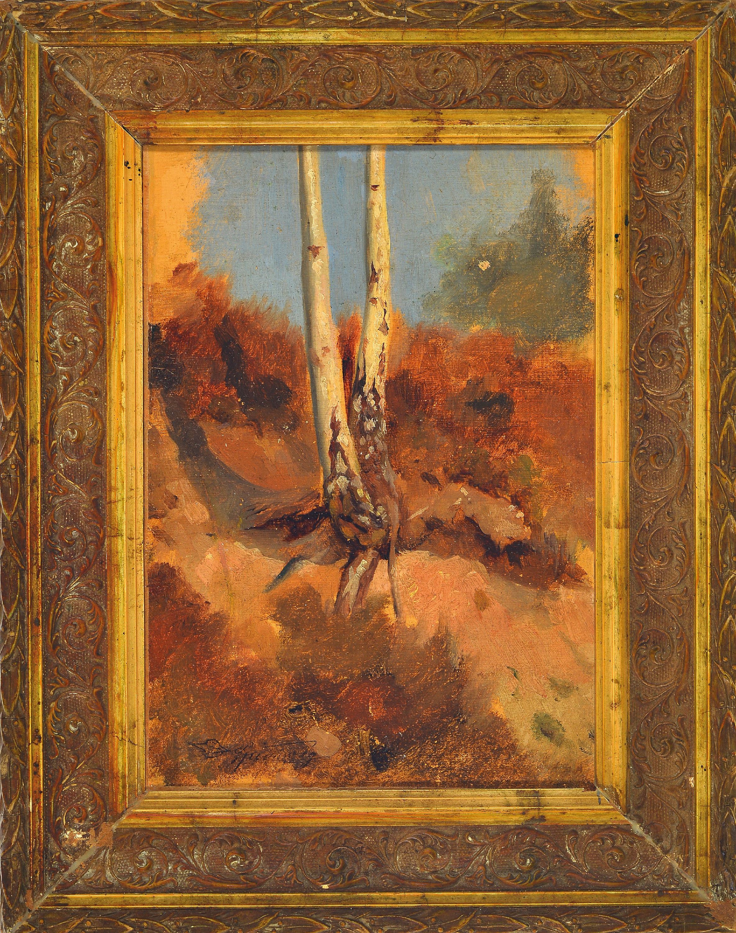 Detail k: Carl Spitzweg, 1808-1885 München, "Baumstudie", Studie zweier Birken auf sandigem wohl küstennahen Grund, recto unten links ...