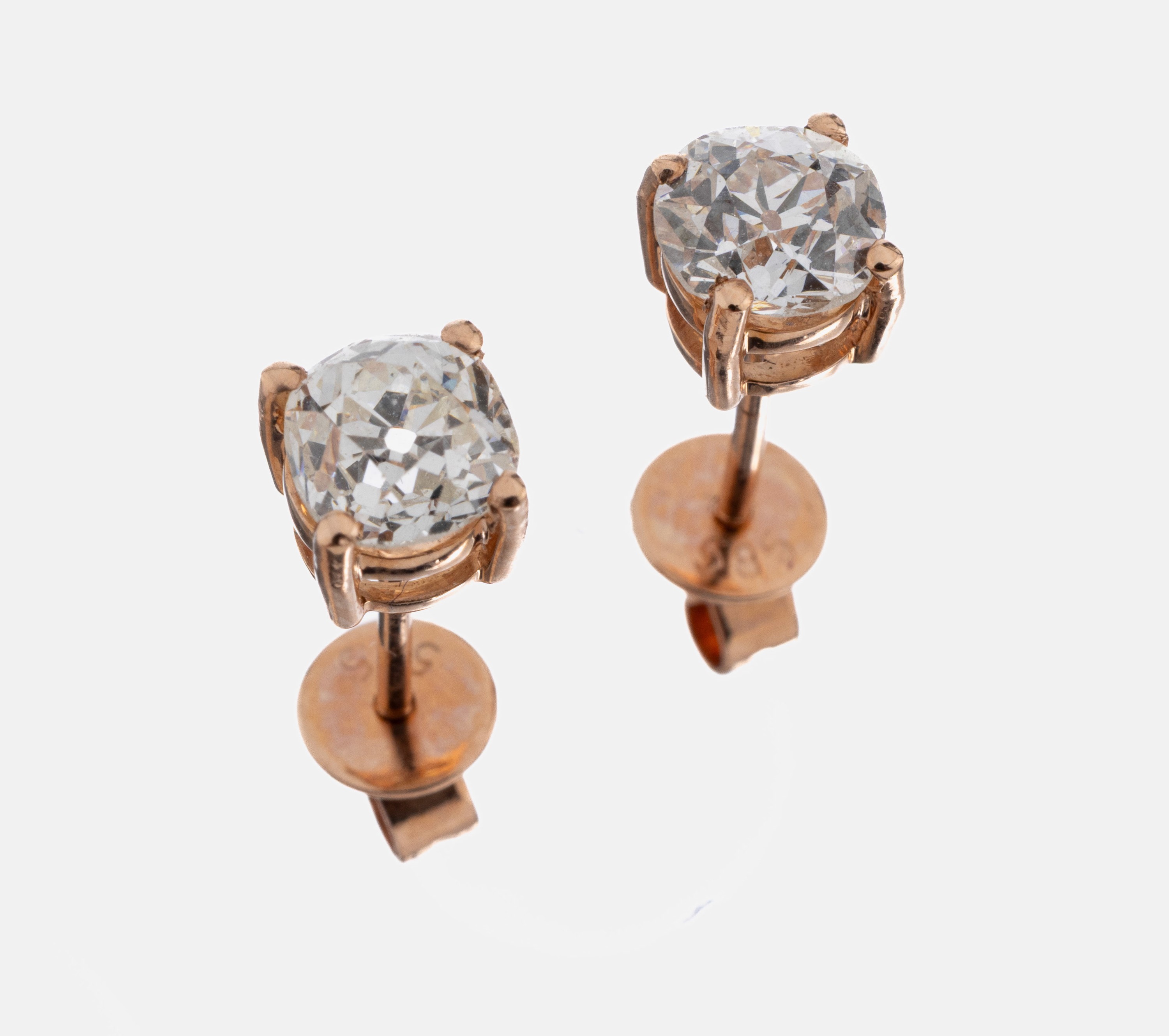 Image 27047895 - Paar 14 kt Gold Diamant-Ohrstecker, RG 585/000, 2 Altschliffdiamanten zus. ca. 1.02 ct ...