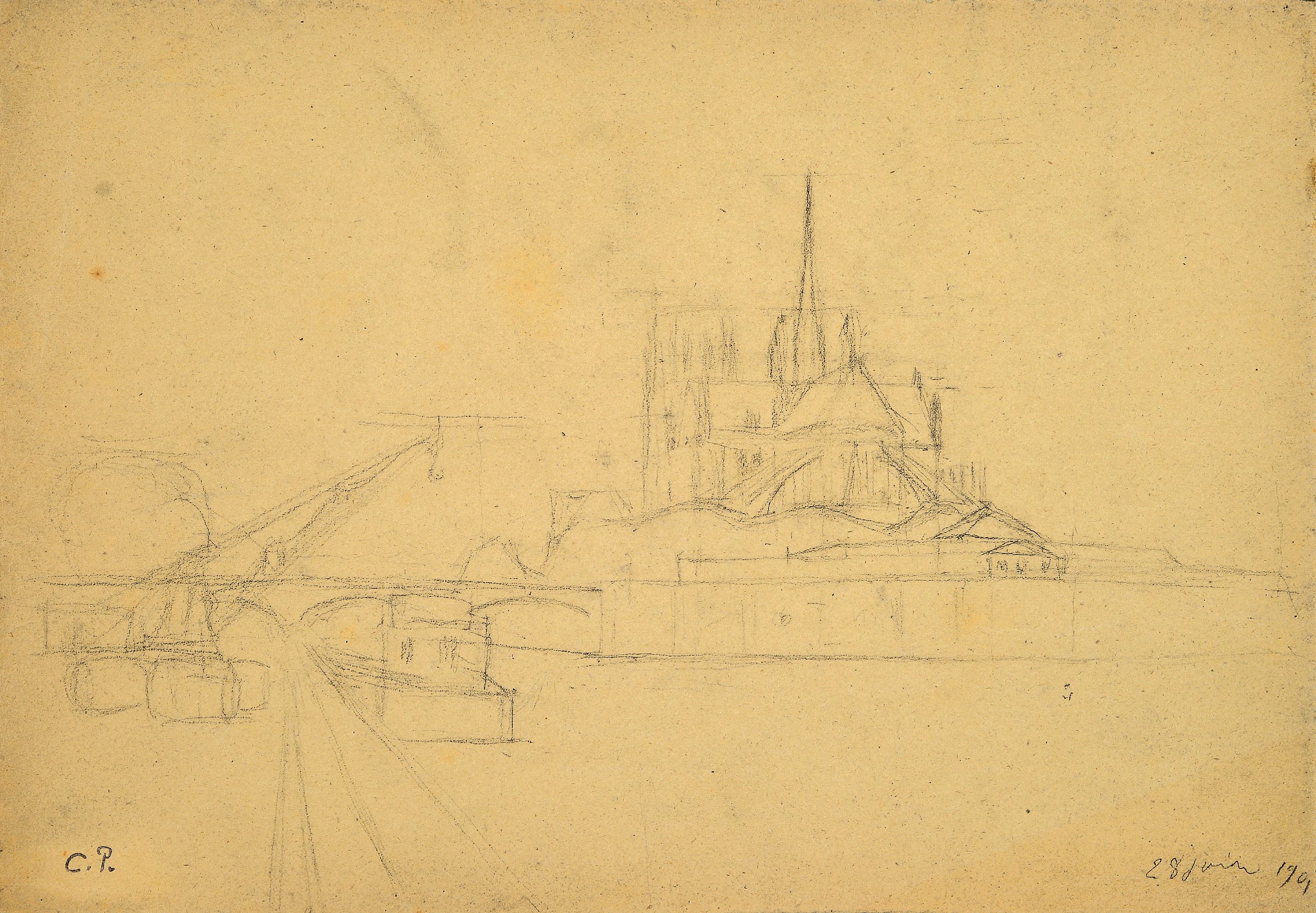 Image 27047896 - Camille Pissarro, 1830-1903, Bleistiftzeichnung ´Notre-Dame de Paris (vue du Quai de la ...