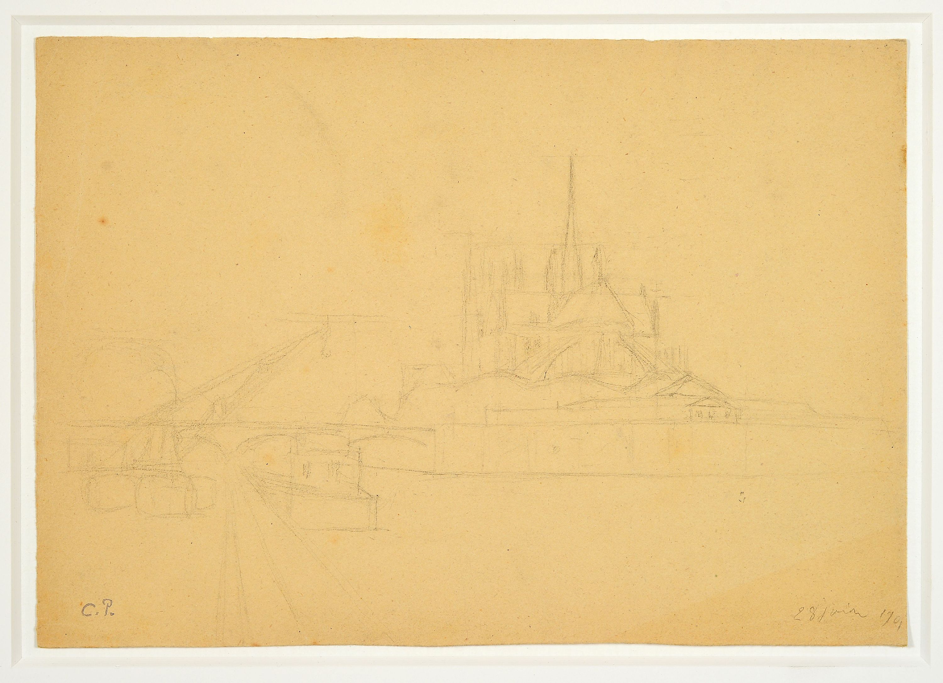 Detail k: Camille Pissarro, 1830-1903, Bleistiftzeichnung "Notre-Dame de Paris (vue du Quai de la Tournelle)", mit wenigen Strichen zur Anschauung ...