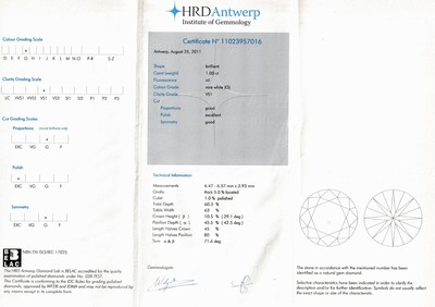 27047886a - 18 kt Gold Brillant-Ring, WG 750/000, mittig Brillant ca. 1.00 ct feines Weiß(G)/vs1, ...