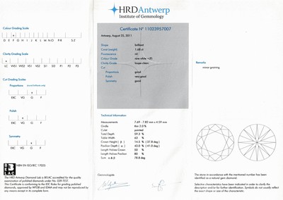 27047887a - 18 kt Gold Brillant-Ring, WG 750/000, mittig Brillant ca. 1.68 ct feines ...