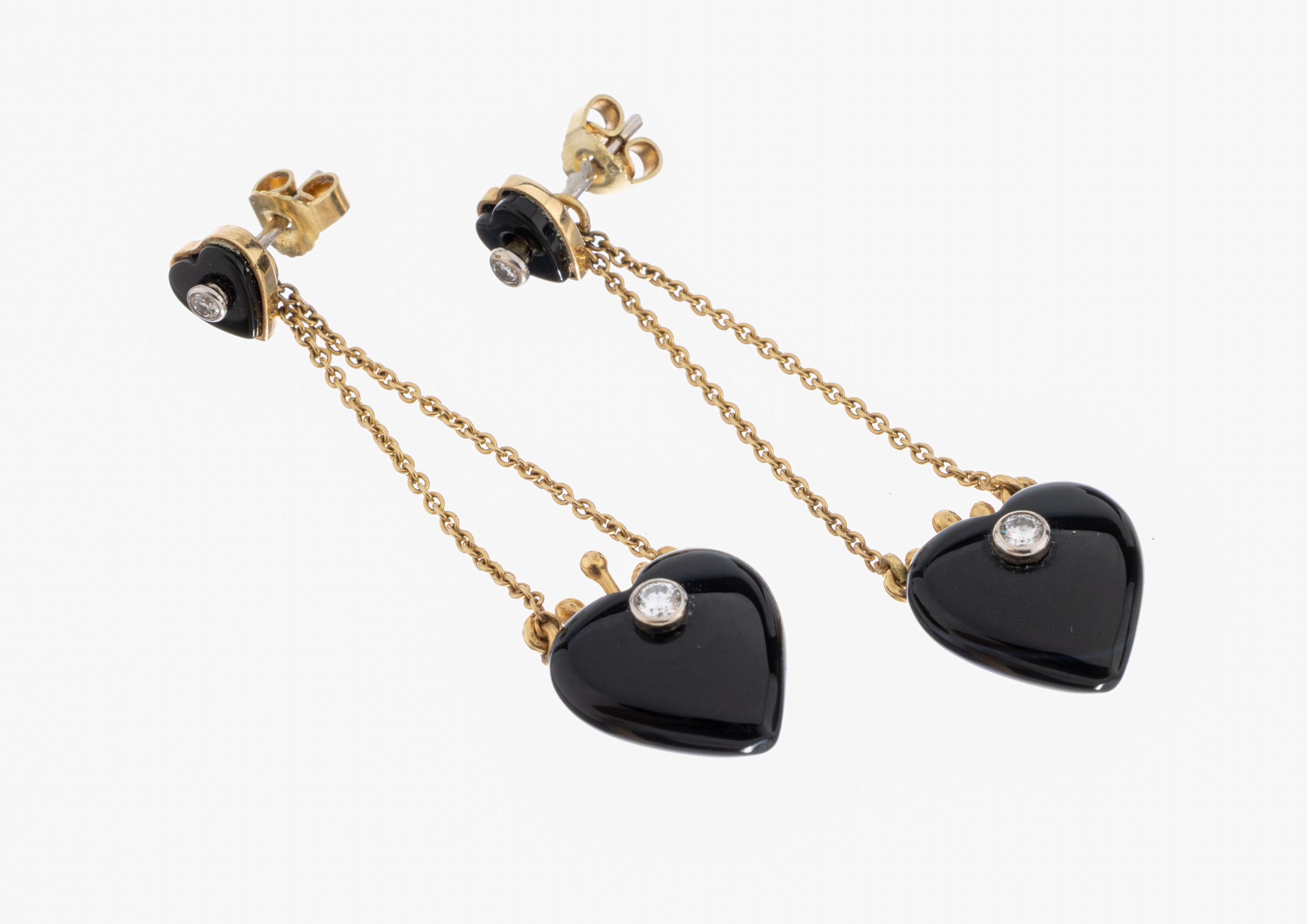 Image 27047908 - Paar 14 kt Gold Onyx-Brillant-Ohrstecker, GG 585/000, herzf. Onyx-Stecker, bewegl. ...