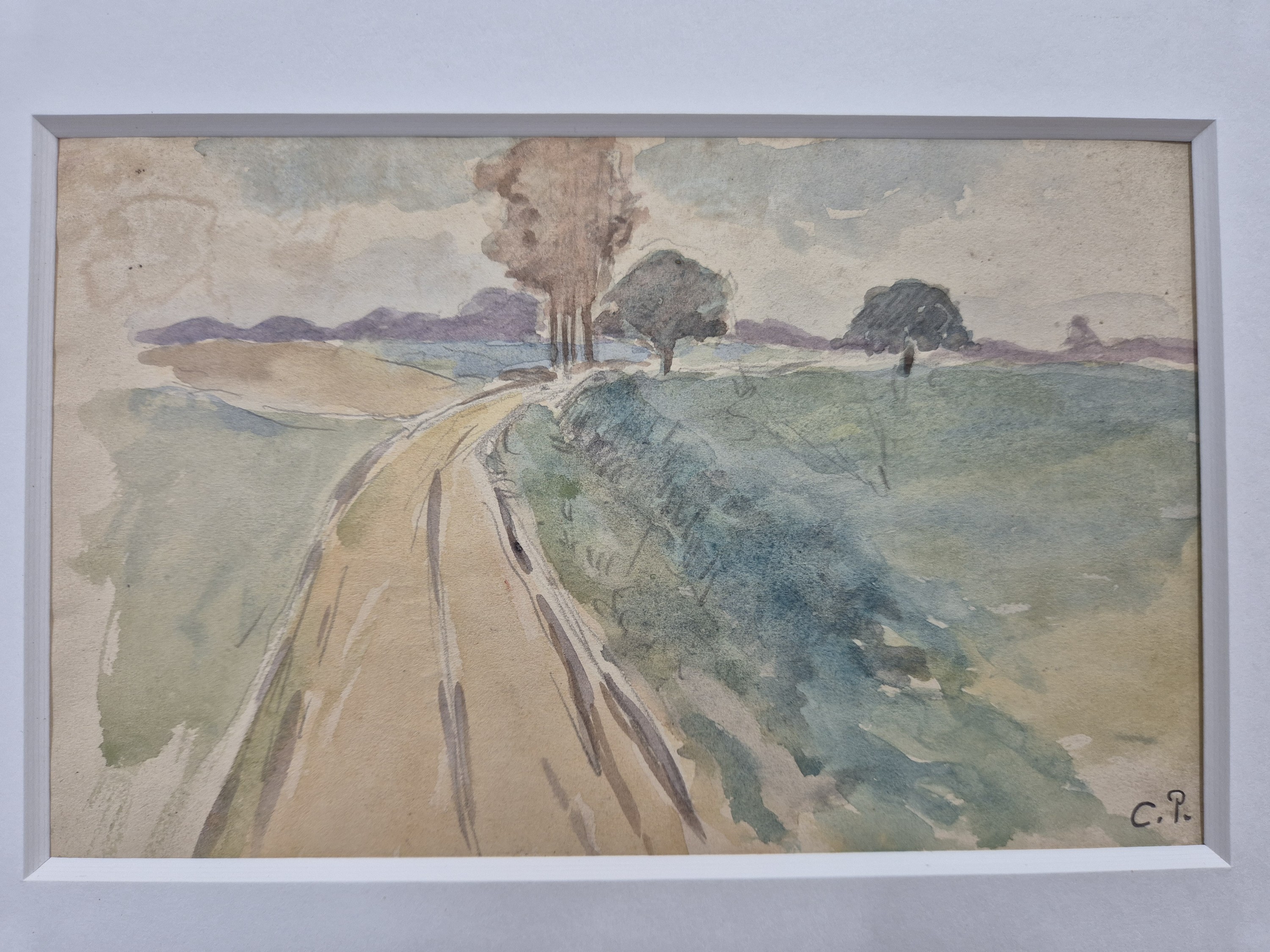 Detail c: Camille Pissarro, 1830-1903, "Paysage", rurale Landschaft mit in die Tiefe führendem, von Bäumen gesäumtem Feldweg, Aquarell über ...