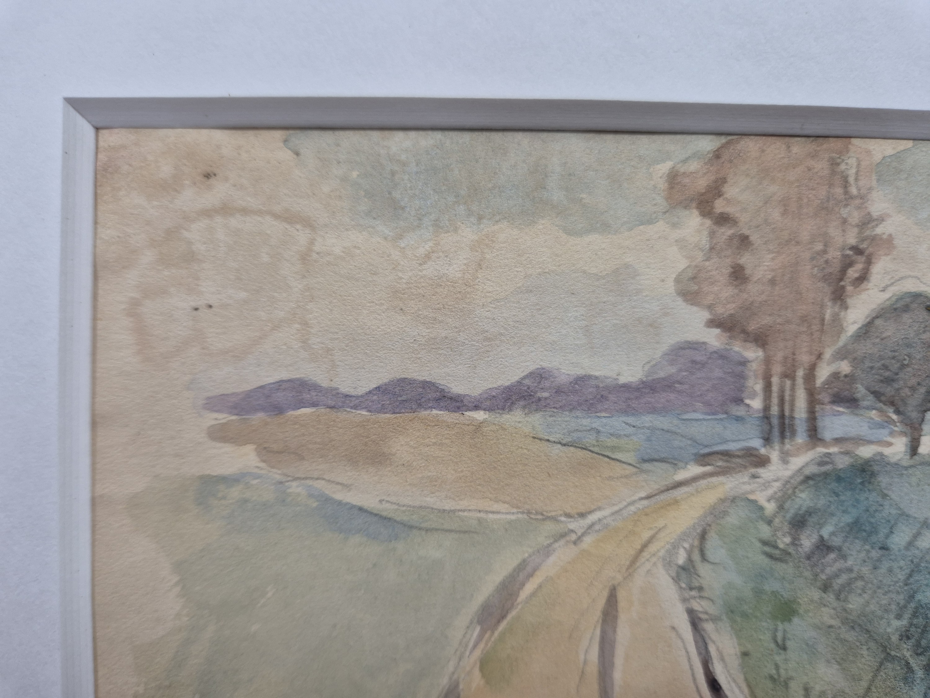 Detail e: Camille Pissarro, 1830-1903, "Paysage", rurale Landschaft mit in die Tiefe führendem, von Bäumen gesäumtem Feldweg, Aquarell über ...