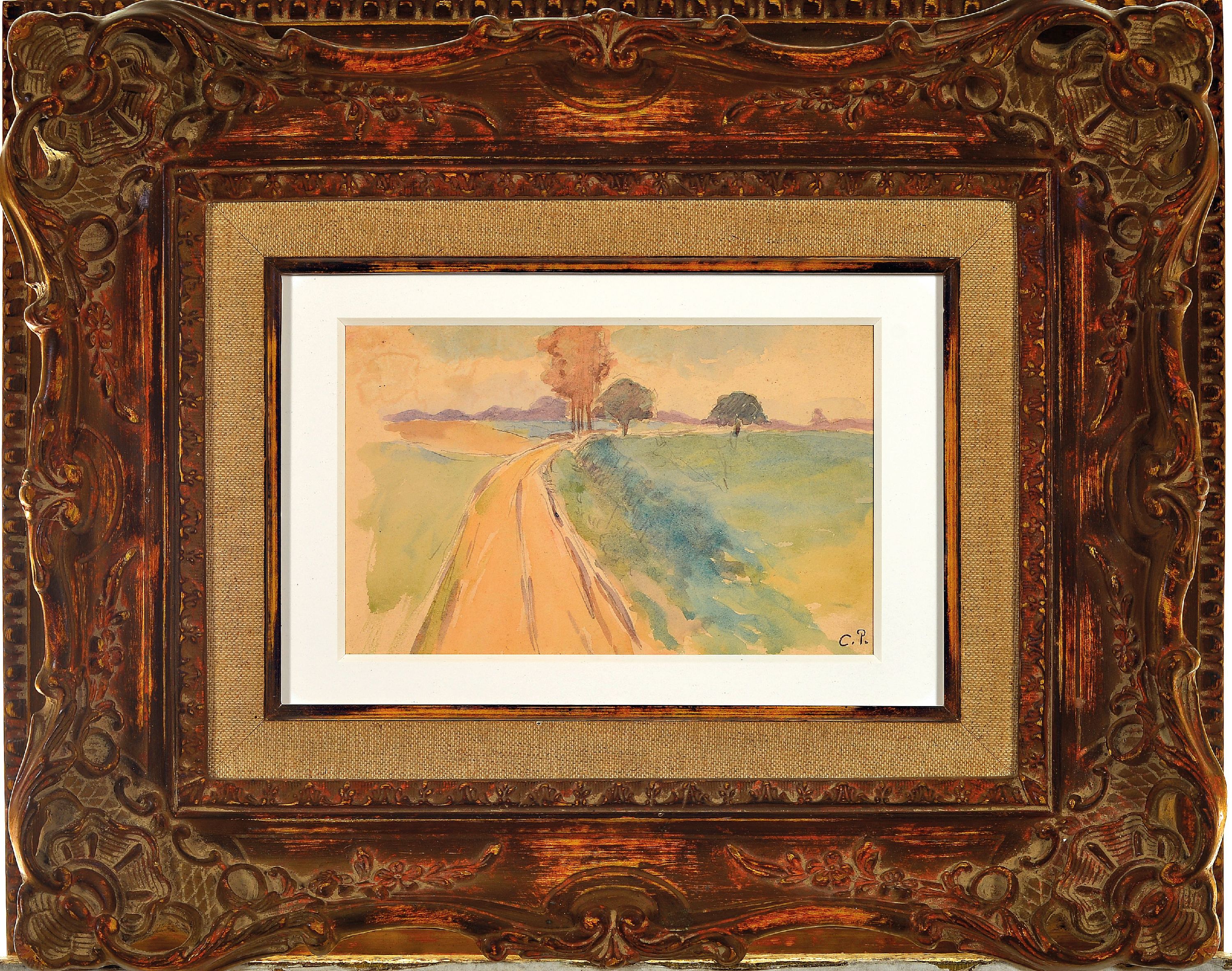 Detail k: Camille Pissarro, 1830-1903, "Paysage", rurale Landschaft mit in die Tiefe führendem, von Bäumen gesäumtem Feldweg, Aquarell über ...