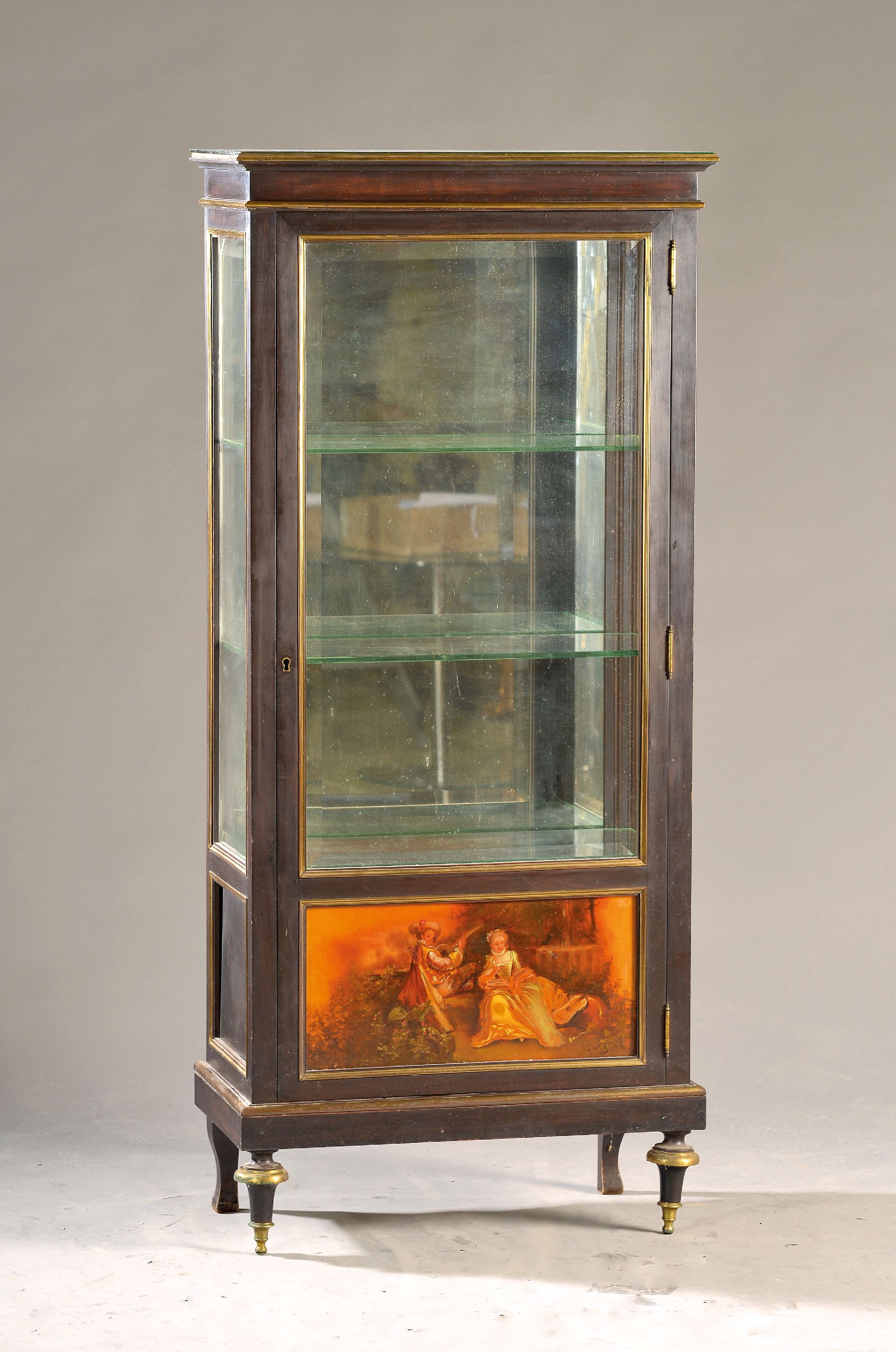 Image 27048047 - Showcase with hand-painted picture cartouche, around 1870, wood framed in black, triple ...