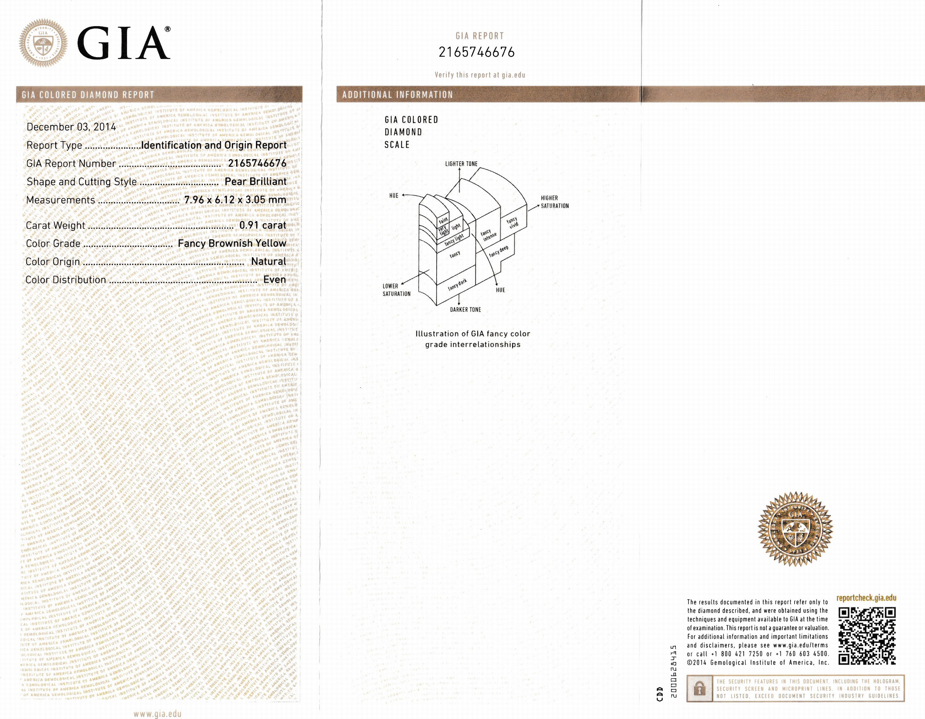 Detail a: Loser Diamant-Tropfen, 0.91 ct Natural Fancy Brownish Yellow, verschweißt, GIA Expertise
