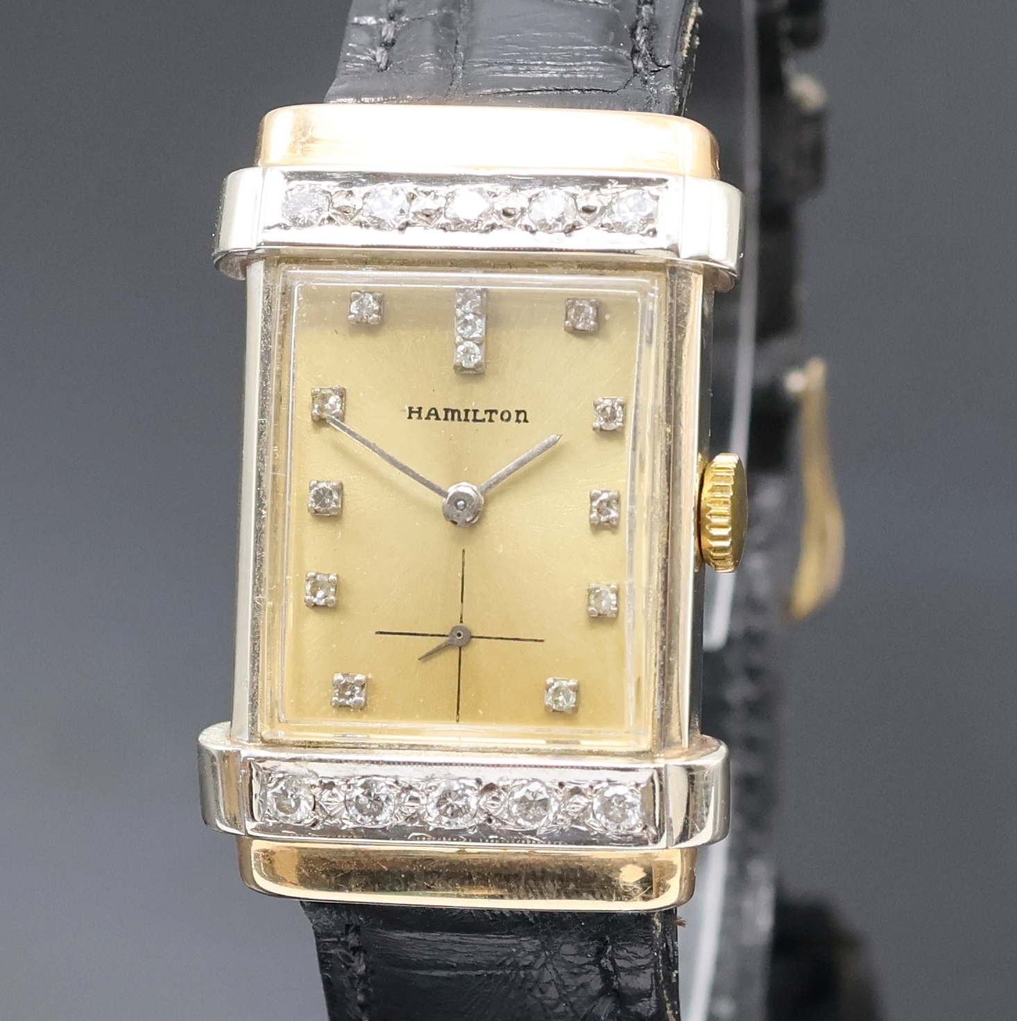 Detail a: HAMILTON Armbanduhr 14k Gold filled mit Diamanten, USA um 1955, Handaufzug, Boden aufgedr., Geh. teils m. Diamanten bes., champagnerfarb. Zifferbl. ...