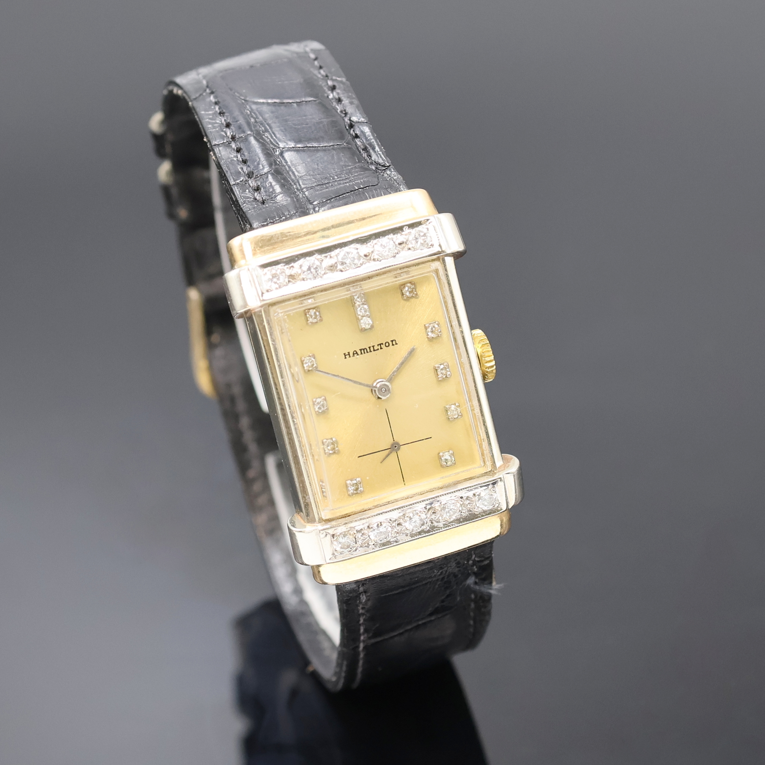 Detail b: HAMILTON Armbanduhr 14k Gold filled mit Diamanten, USA um 1955, Handaufzug, Boden aufgedr., Geh. teils m. Diamanten bes., champagnerfarb. Zifferbl. ...