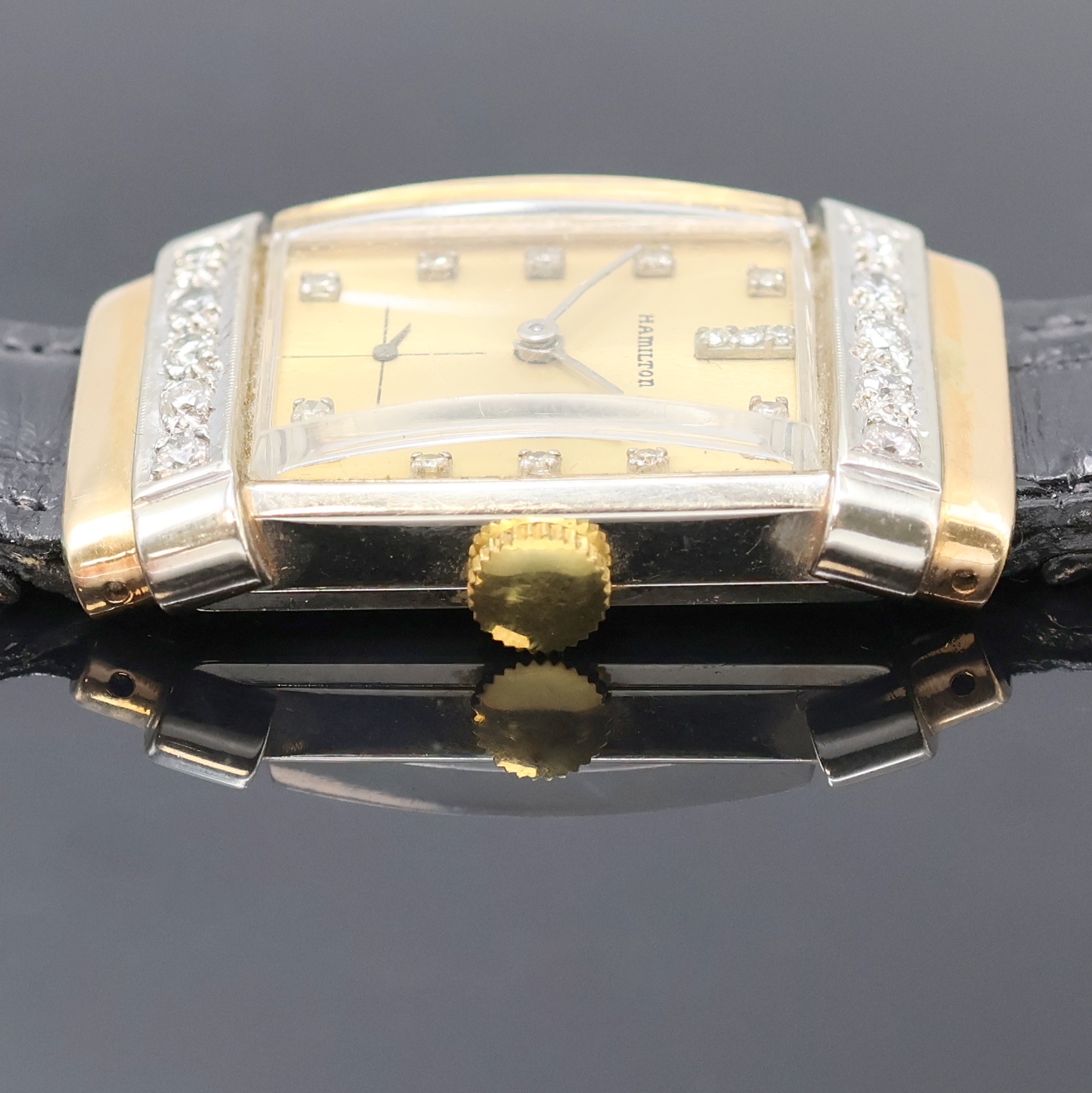 Detail c: HAMILTON Armbanduhr 14k Gold filled mit Diamanten, USA um 1955, Handaufzug, Boden aufgedr., Geh. teils m. Diamanten bes., champagnerfarb. Zifferbl. ...