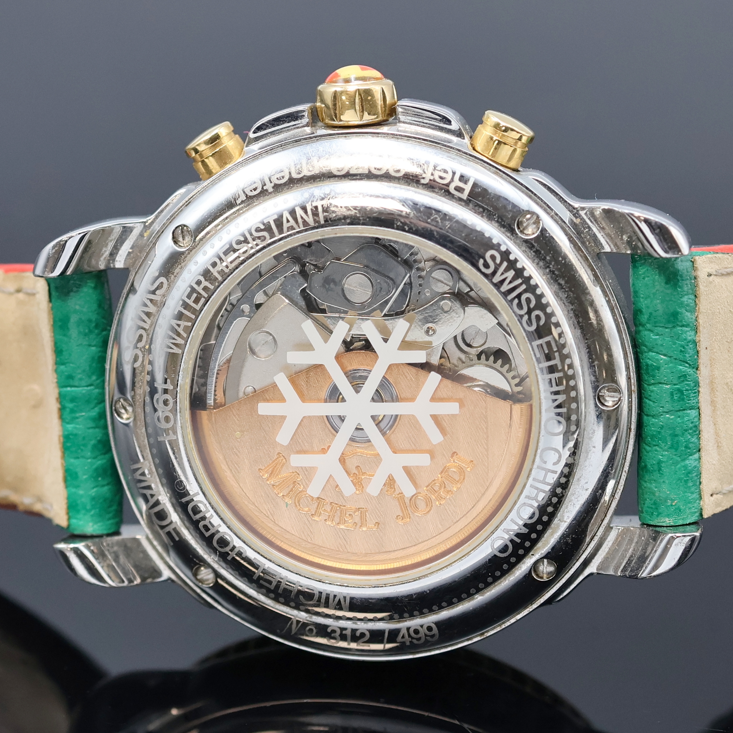 Detail e: MICHEL JORDI auf 499 Stück limitierter Armbandchronograph Referenz 3970, Schweiz um 1995, Automatik, beids. vergl. Edelstahlgeh., Boden 6-fach ...