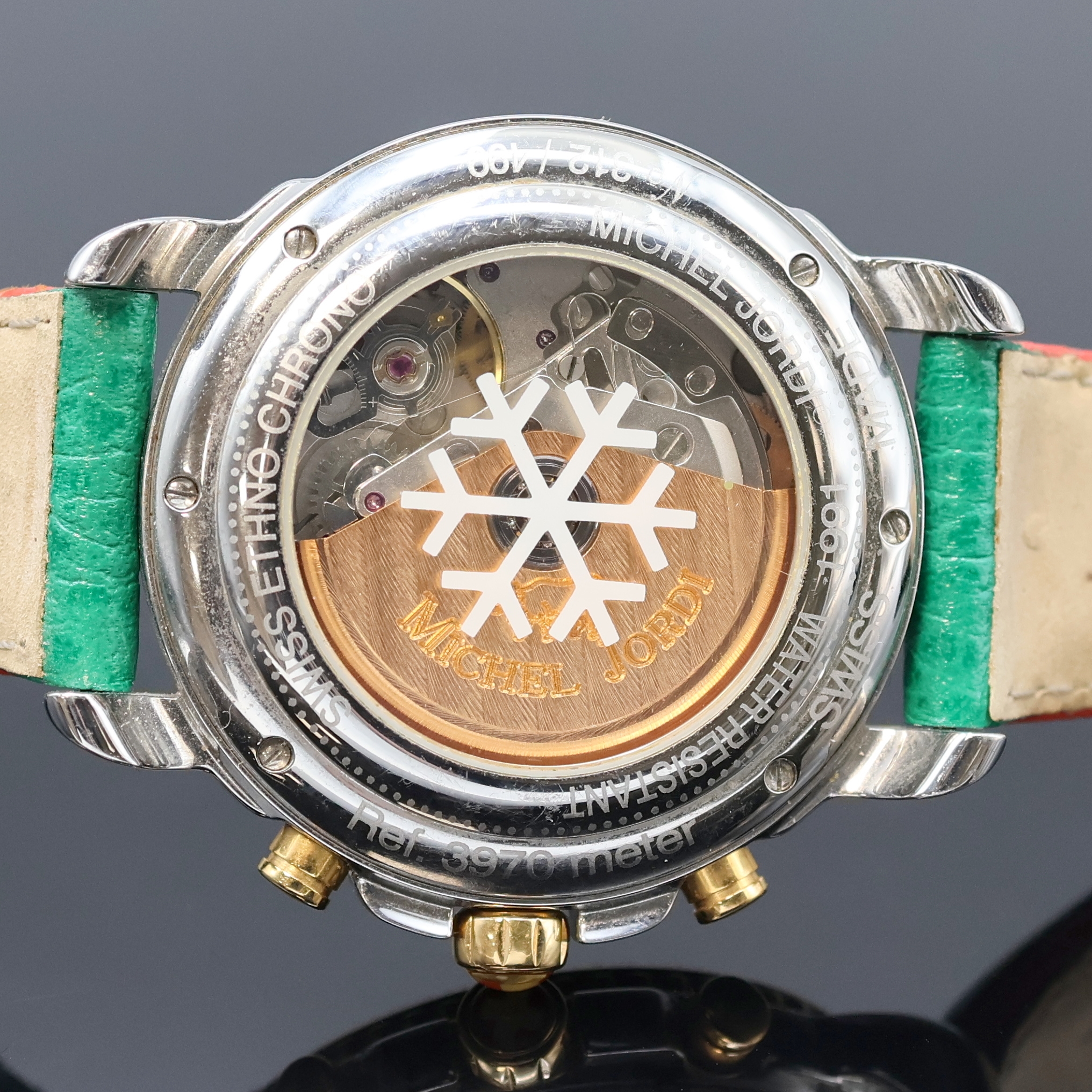 Detail f: MICHEL JORDI auf 499 Stück limitierter Armbandchronograph Referenz 3970, Schweiz um 1995, Automatik, beids. vergl. Edelstahlgeh., Boden 6-fach ...