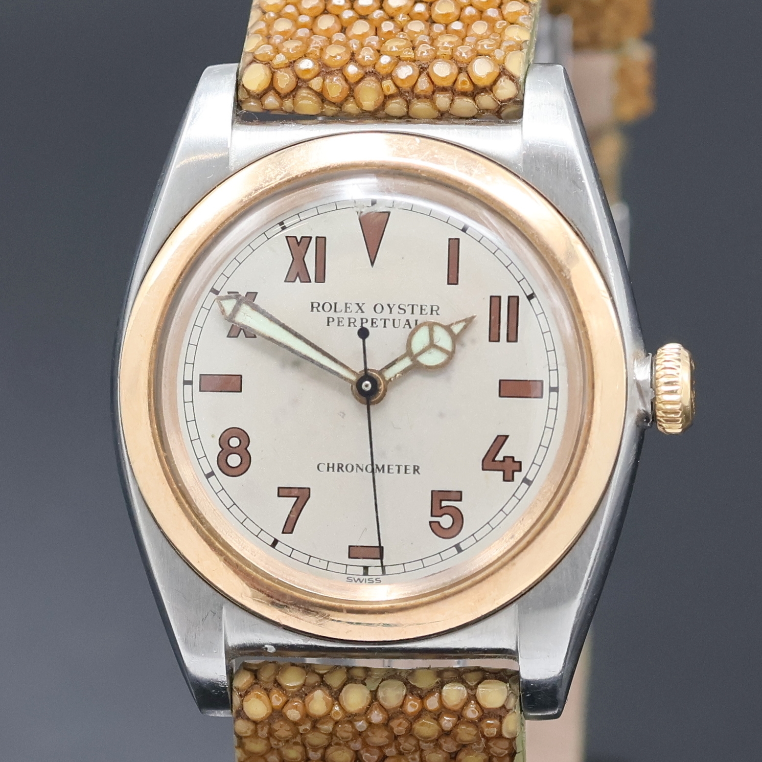 Detail a: ROLEX Oyster Perpetual Bubble Back Chronometer Armbanduhr Referenz 3133, Schweiz um 1947, Automatik, Edelstahlgeh., Boden u. Krone verschr., ...