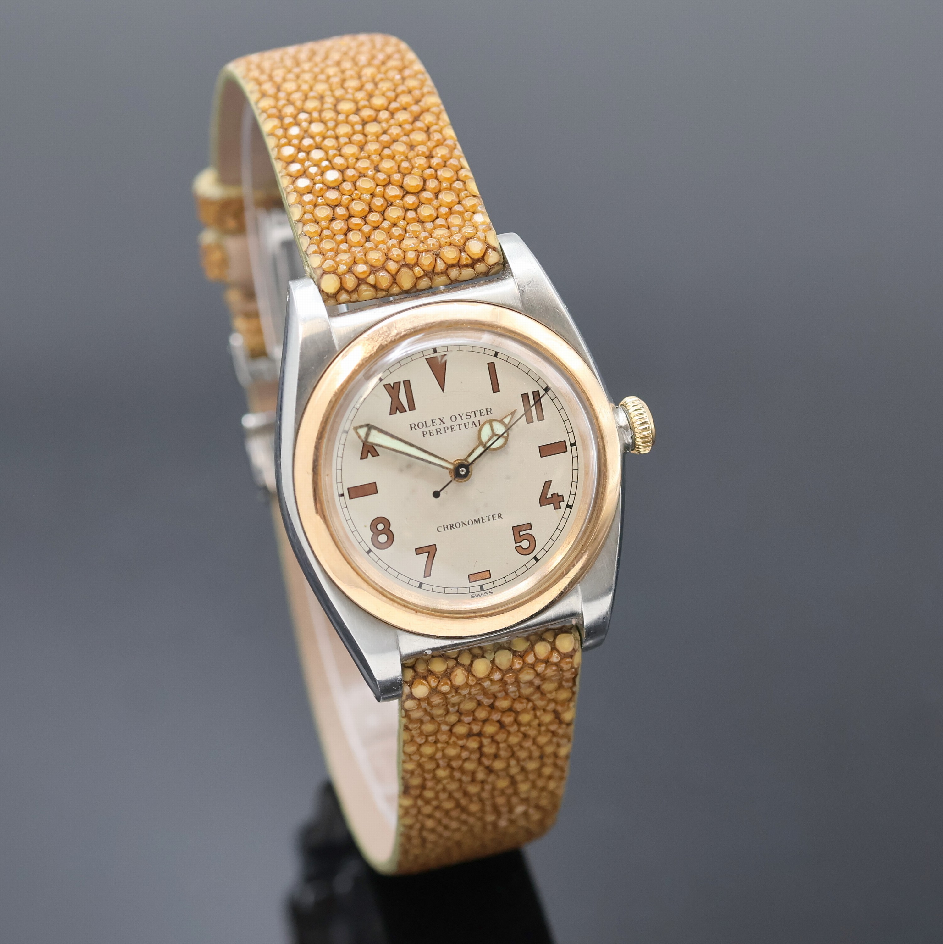 Detail b: ROLEX Oyster Perpetual Bubble Back Chronometer Armbanduhr Referenz 3133, Schweiz um 1947, Automatik, Edelstahlgeh., Boden u. Krone verschr., ...