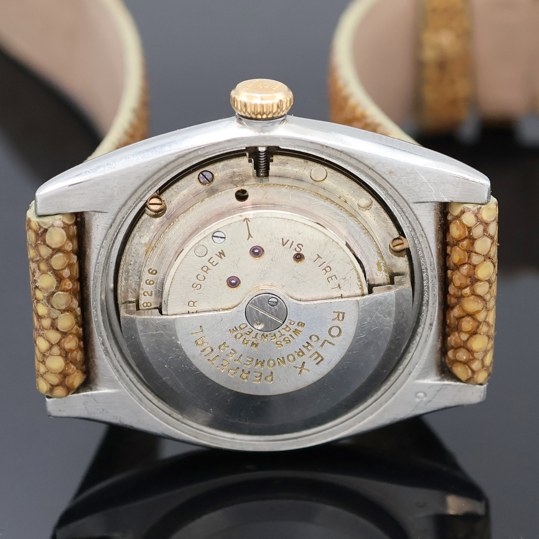 Detail e: ROLEX Oyster Perpetual Bubble Back Chronometer Armbanduhr Referenz 3133, Schweiz um 1947, Automatik, Edelstahlgeh., Boden u. Krone verschr., ...